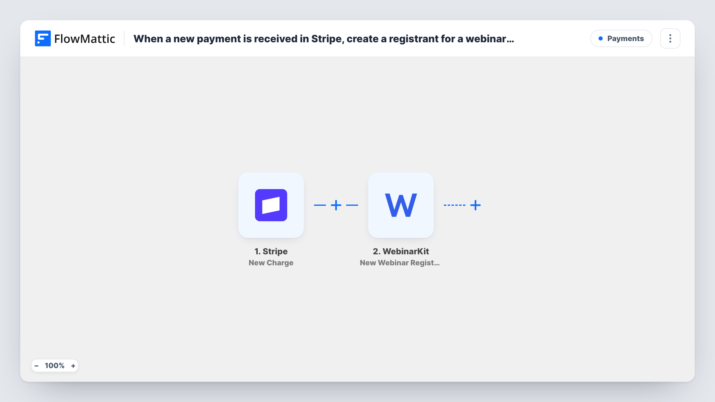 The When a new payment is received in Stripe, create a registrant for a webinar in WebinarKit workflow on the FlowMattic canvas, with 2 steps across Stripe, WebinarKit