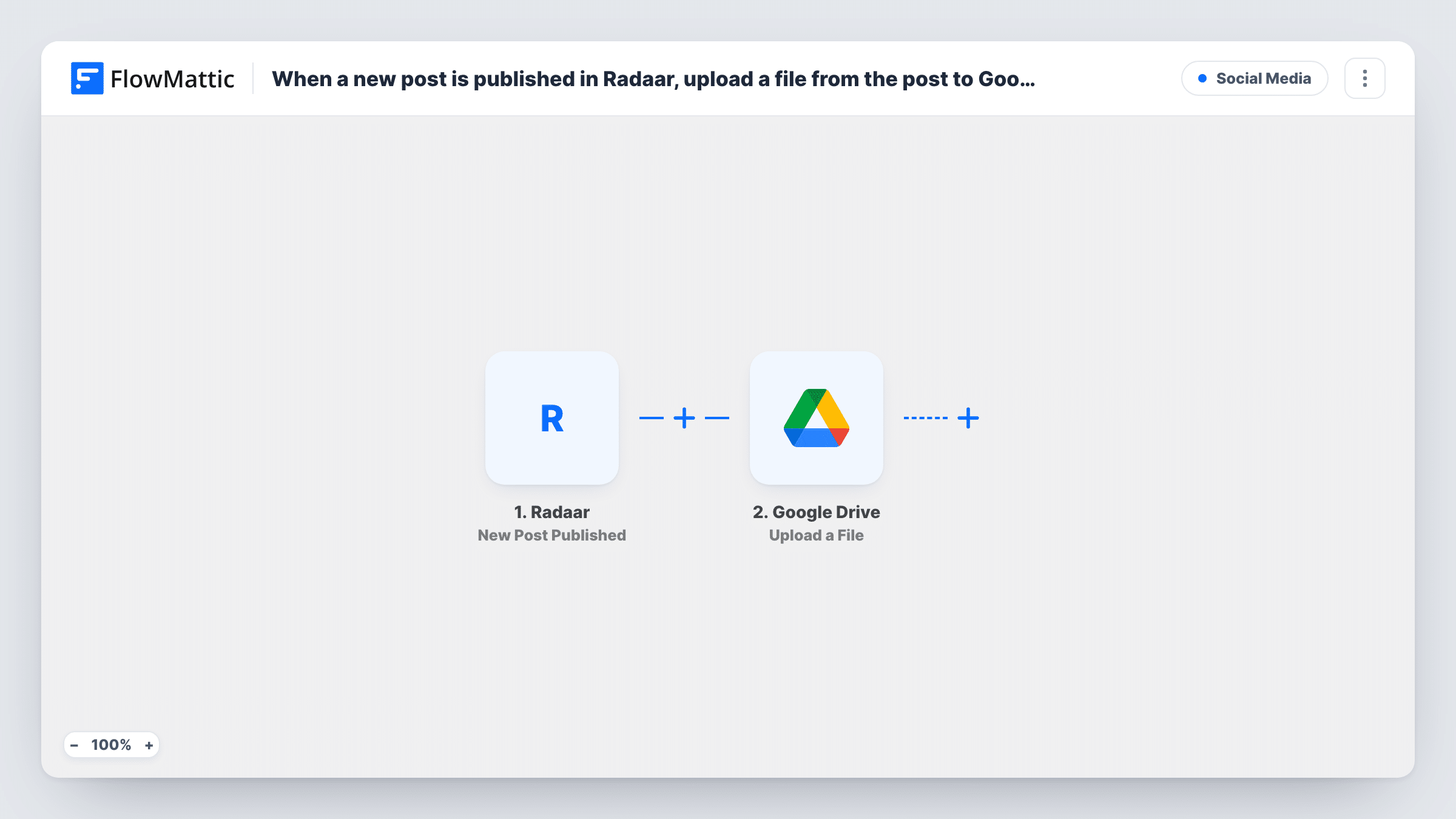 The When a new post is published in Radaar, upload a file from the post to Google Drive workflow on the FlowMattic canvas, with 2 steps across Radaar, Google Drive