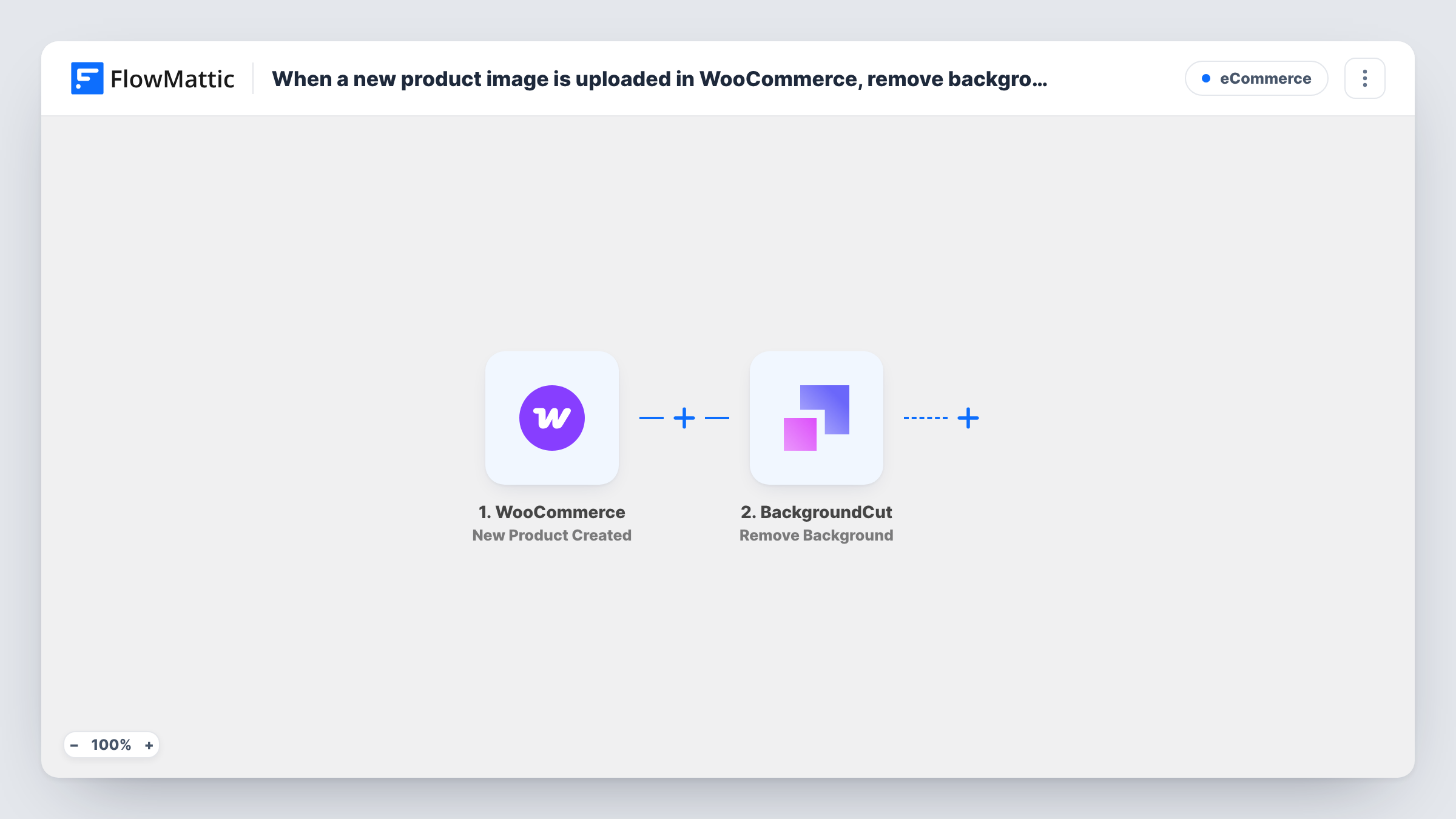 The When a new product is created in WooCommerce, remove the background of its image in BackgroundCut workflow on the FlowMattic canvas, with 2 steps across WooCommerce, BackgroundCut