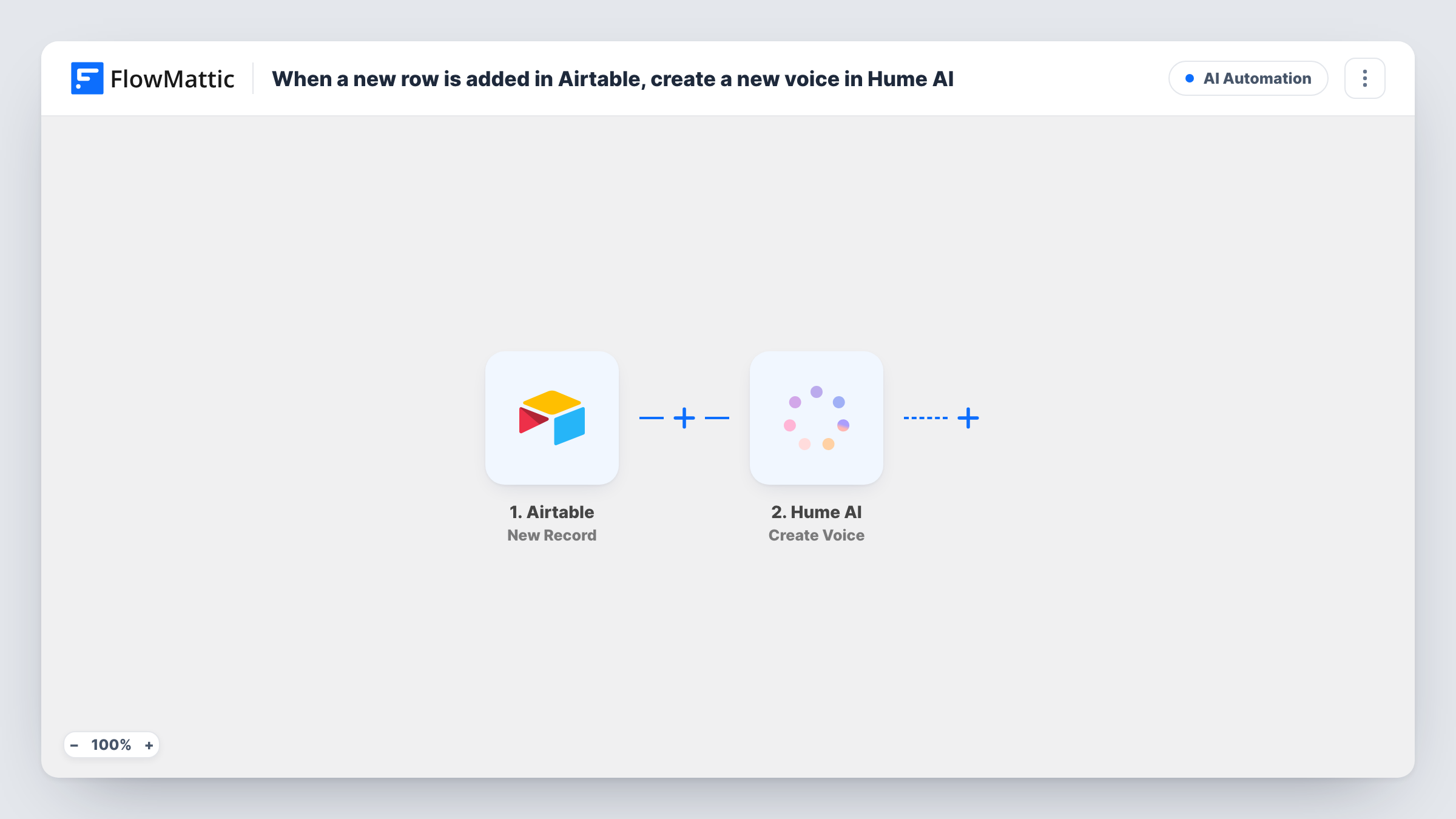 The When a new row is added in Airtable, create a new voice in Hume AI workflow on the FlowMattic canvas, with 3 steps across Airtable, Hume AI
