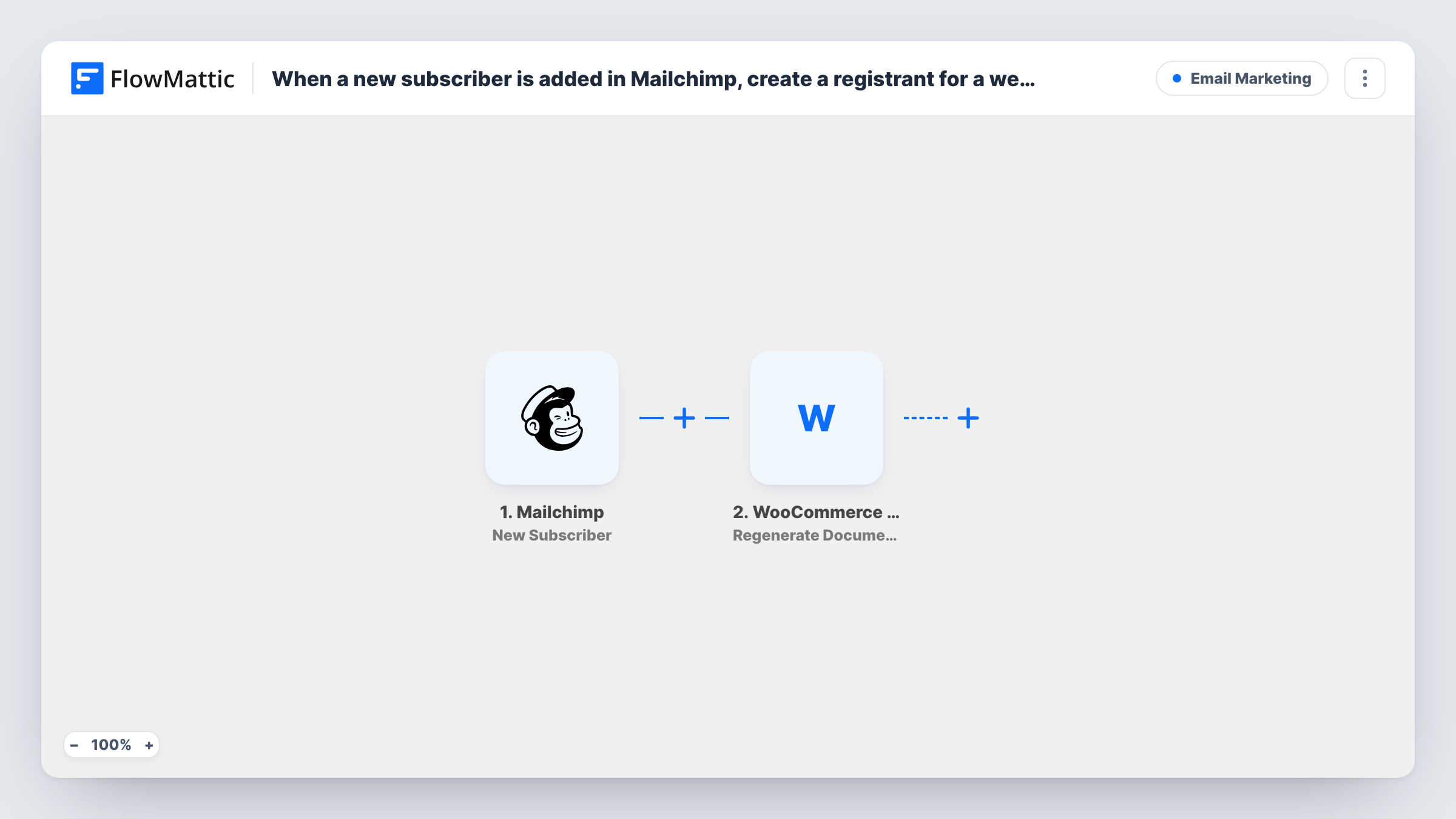 The When a new subscriber is added in Mailchimp, create a registrant for a webinar in WebinarKit workflow on the FlowMattic canvas, with 2 steps across Mailchimp, WebinarKit
