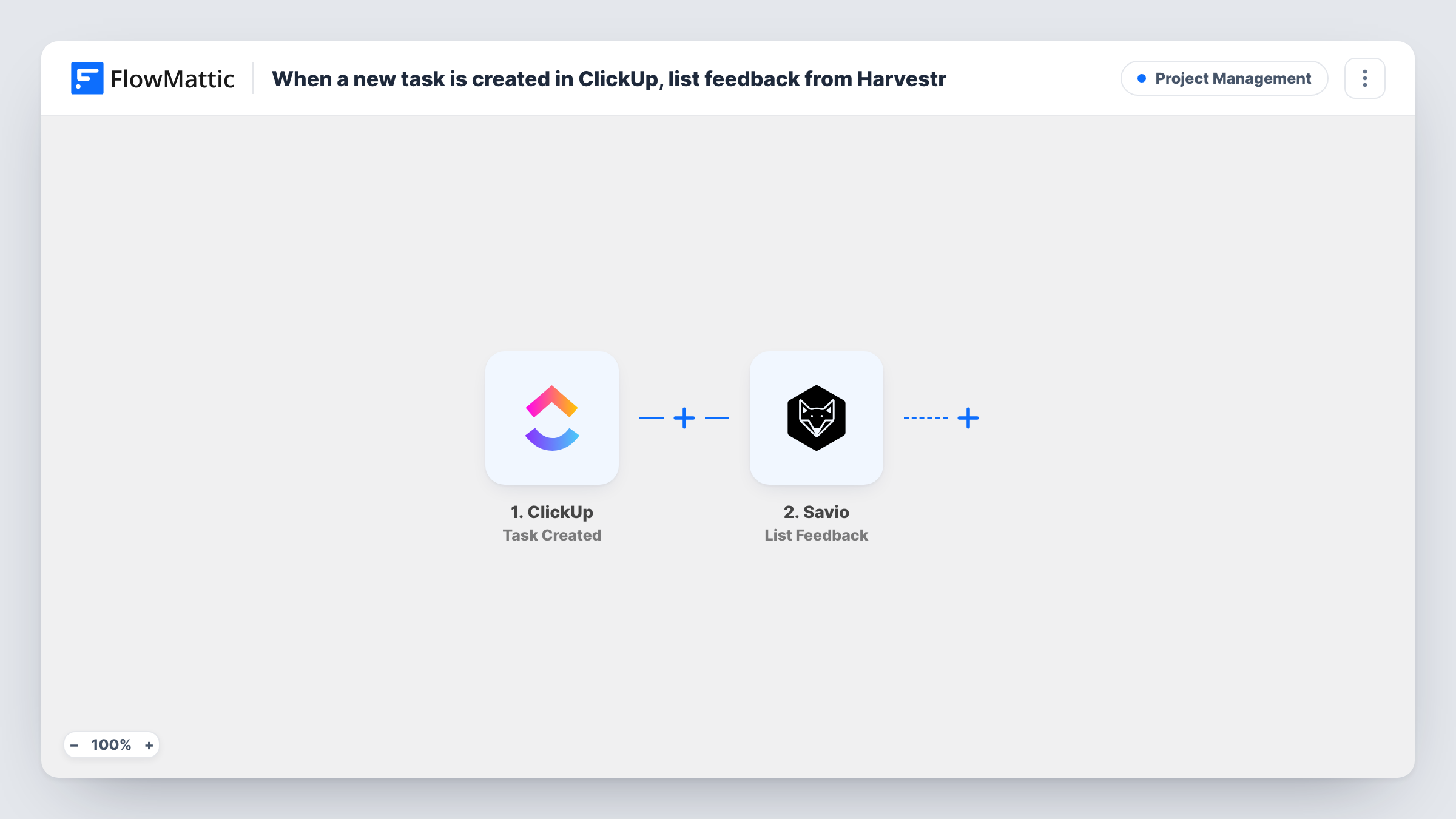 The When a new task is created in ClickUp, list feedback from Harvestr workflow on the FlowMattic canvas, with 2 steps across ClickUp, Harvestr