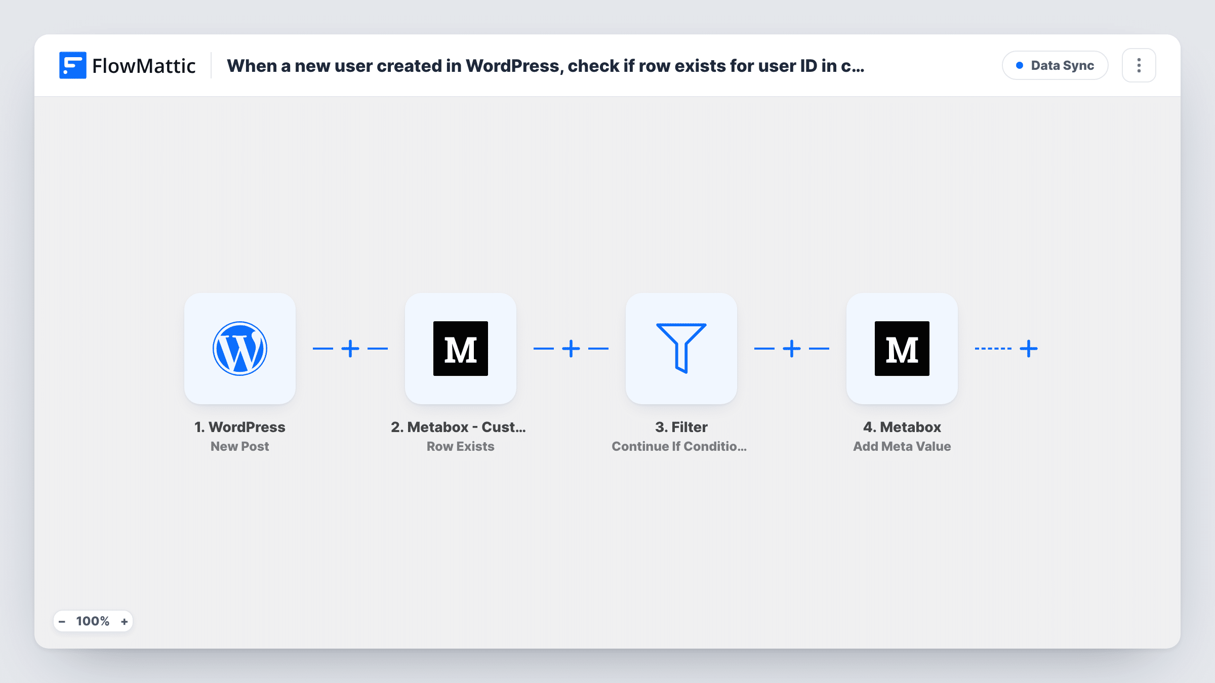The When a WordPress user is created, add or update their row in a Metabox custom table workflow on the FlowMattic canvas, with 5 steps across WordPress, Metabox - Custom Table, Branch