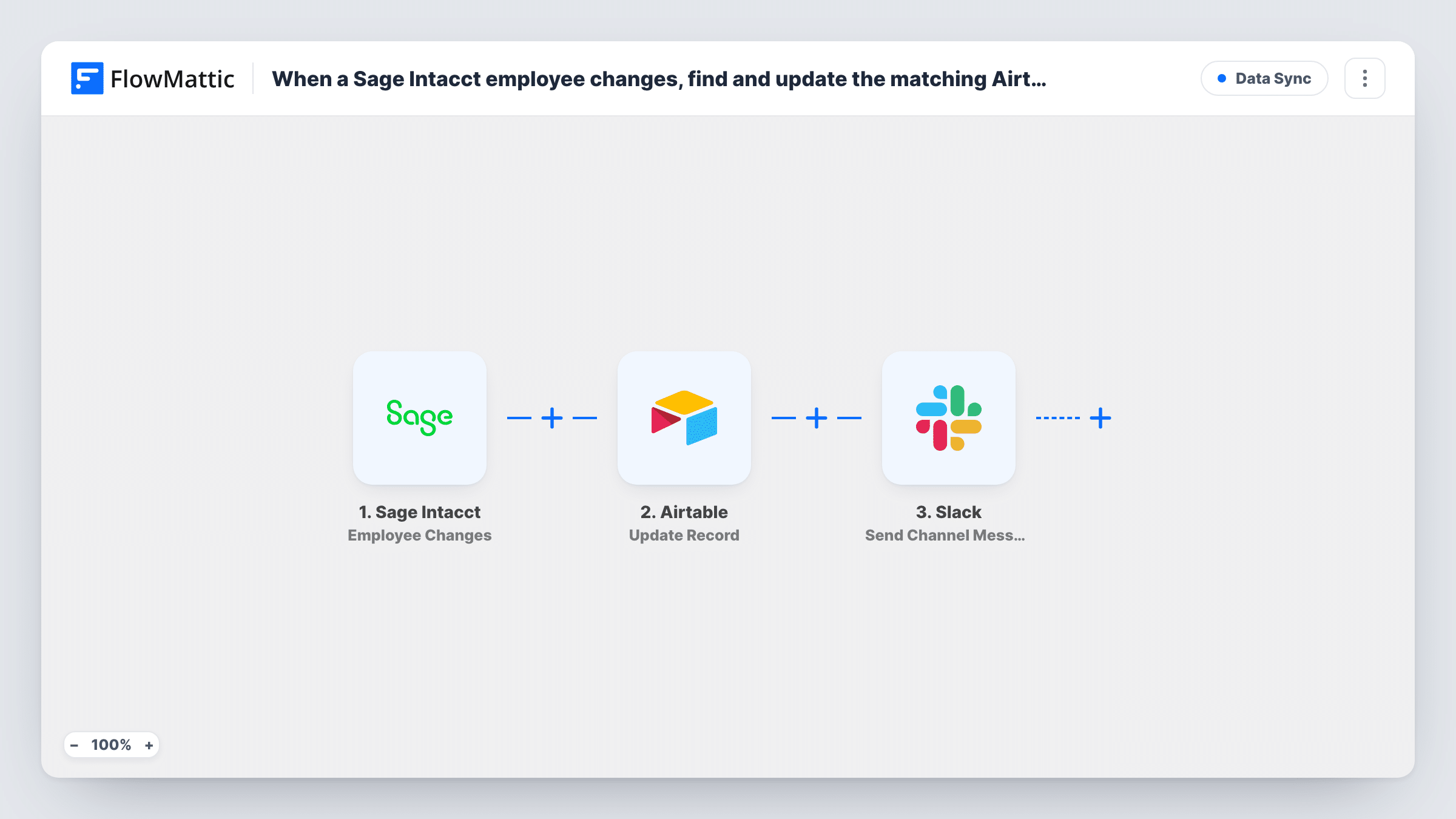 The When a Sage Intacct employee changes, find and update the matching Airtable record, then alert the team in Slack workflow on the FlowMattic canvas, with 7 steps across Sage Intacct, Airtable, Branch, Slack