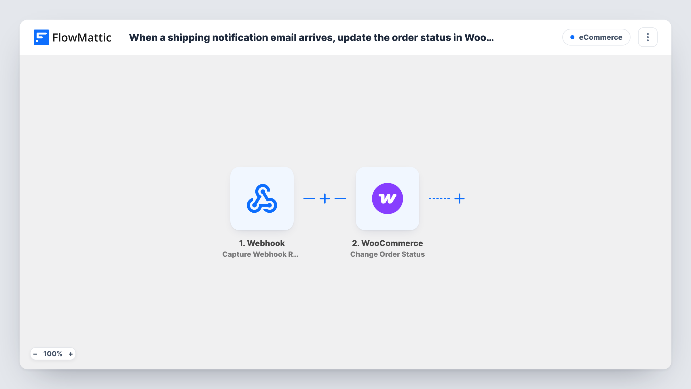 The When a shipping email arrives, mark the WooCommerce order named in its subject as completed workflow on the FlowMattic canvas, with 4 steps across IMAP Email Parser, Text Formatter by FlowMattic, Filter, WooCommerce