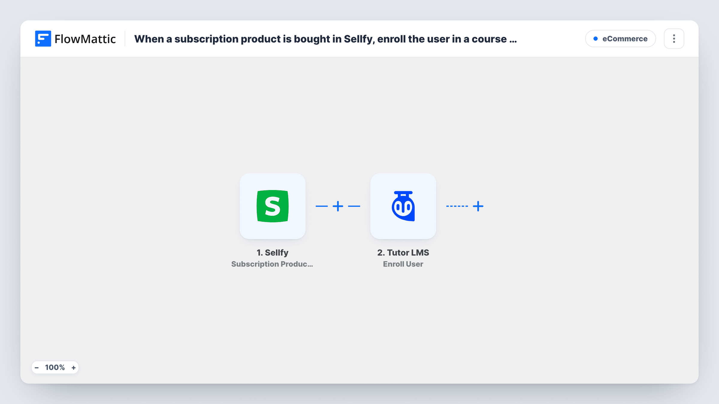 The When a subscription product is bought in Sellfy, enroll the user in a course in Tutor LMS workflow on the FlowMattic canvas, with 3 steps across Sellfy, WordPress, Tutor LMS