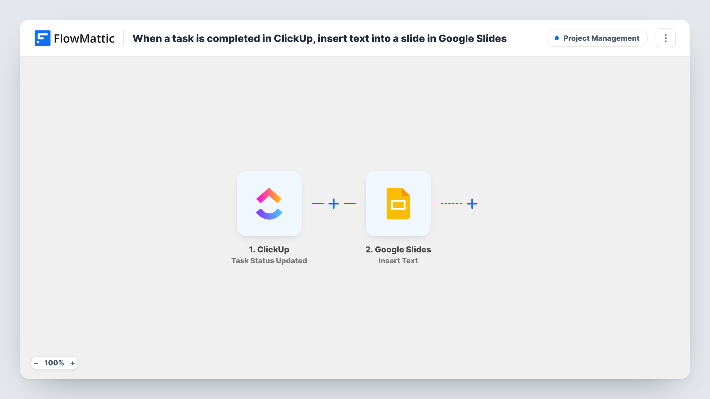 The When a task's status changes in ClickUp, insert text into a slide in Google Slides workflow on the FlowMattic canvas, with 2 steps across ClickUp, Google Slides