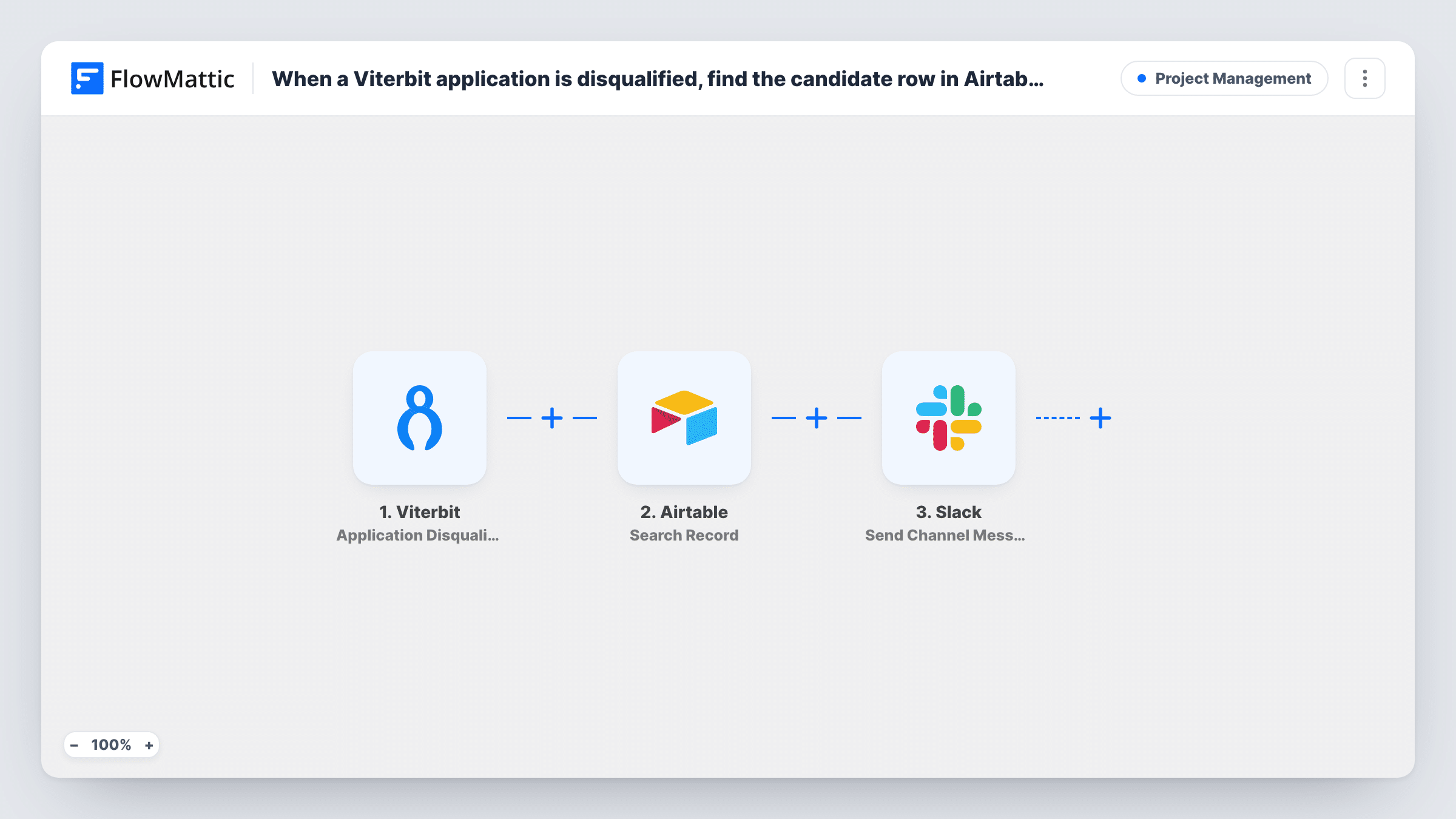The When a Viterbit application is disqualified, find the Airtable row and post to Slack workflow on the FlowMattic canvas, with 3 steps across Viterbit, Airtable, Slack