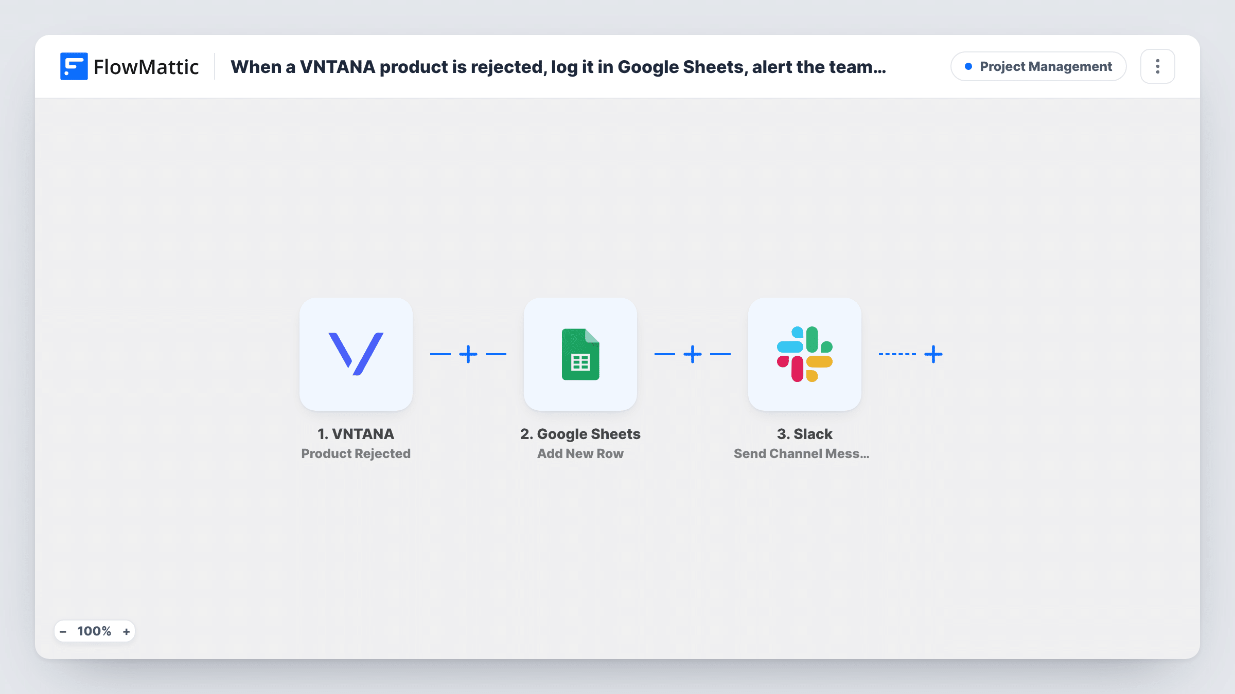 The When a VNTANA product is rejected, log it in Google Sheets and alert the team in Slack workflow on the FlowMattic canvas, with 3 steps across VNTANA, Google Sheets, Slack