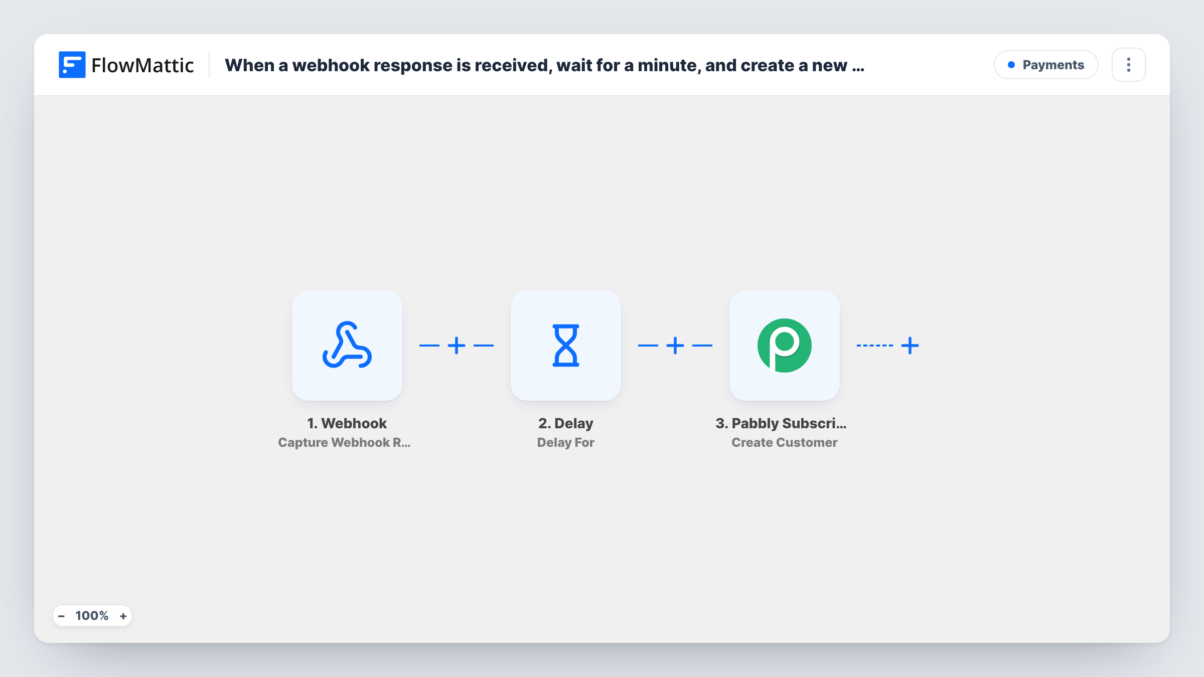 The When a webhook response is received, wait for a minute, and create a new customer in Pabbly Subscriptions Billing workflow on the FlowMattic canvas, with 3 steps across Webhook, Delay, Pabbly Subscriptions