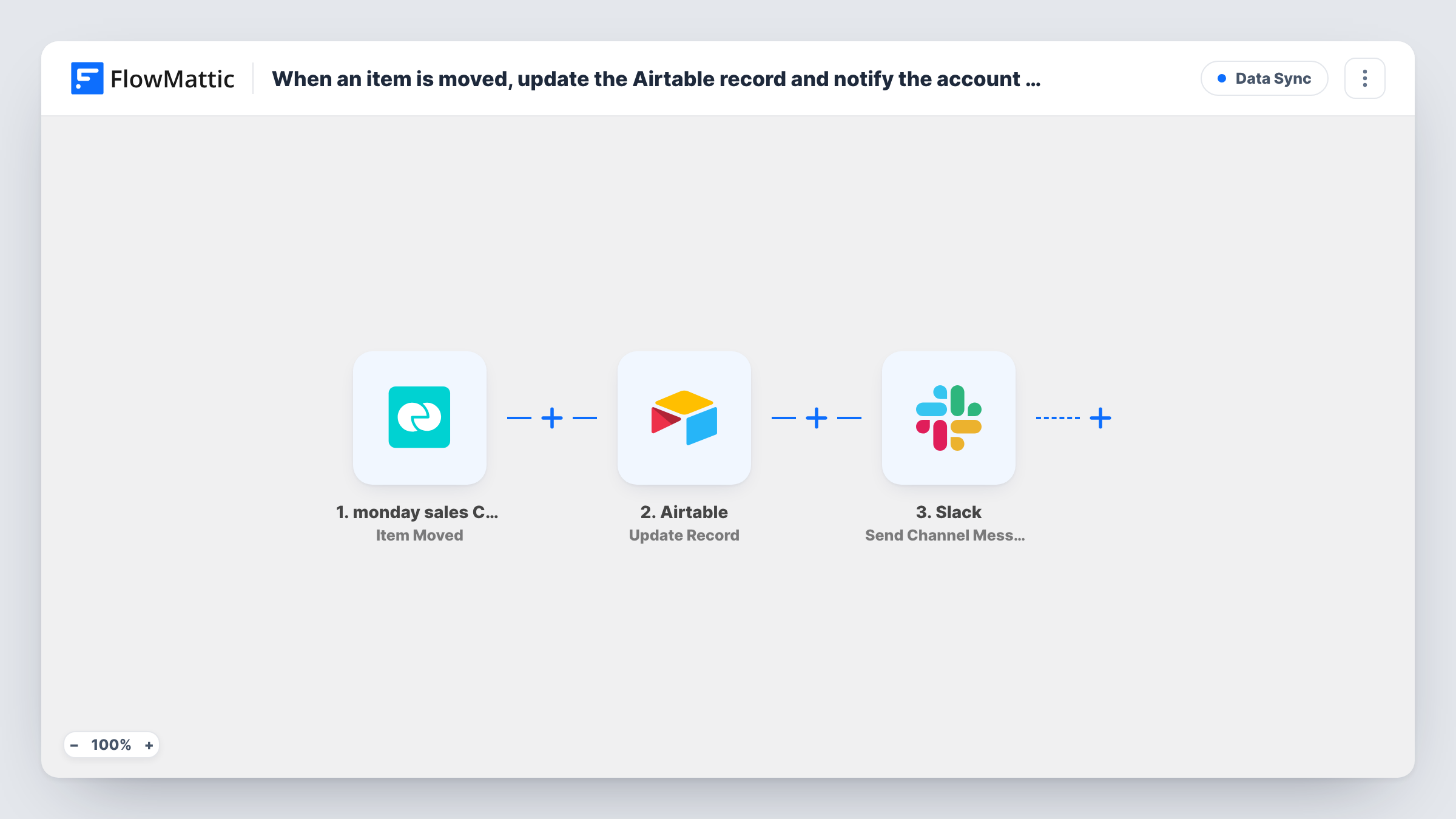 The When a monday sales CRM item is moved, add an Airtable record and DM the owner in Slack workflow on the FlowMattic canvas, with 3 steps across monday sales CRM, Airtable, Slack