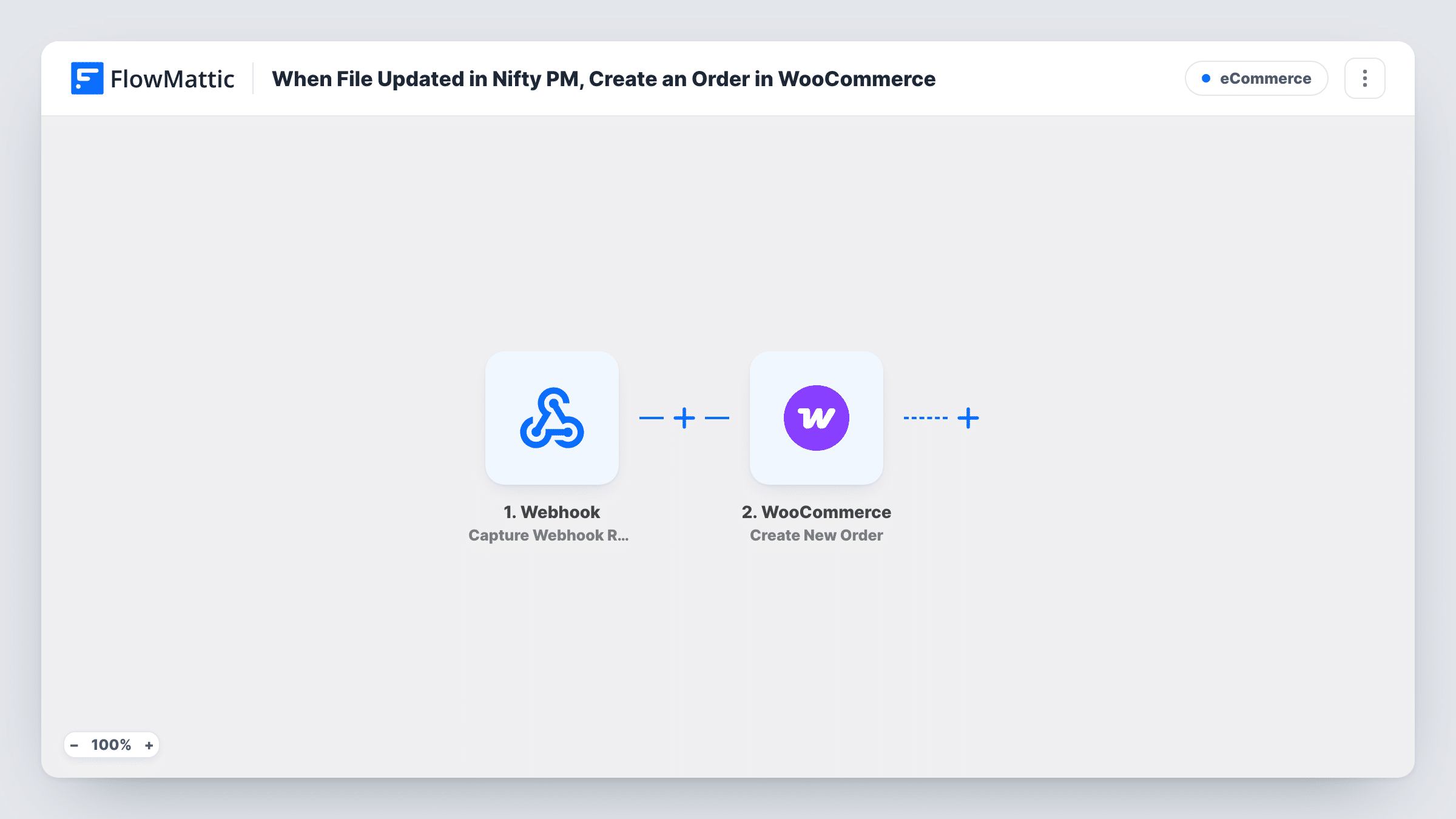 The When File Updated in Nifty PM, Create an Order in WooCommerce workflow on the FlowMattic canvas, with 2 steps across Nifty PM, WooCommerce