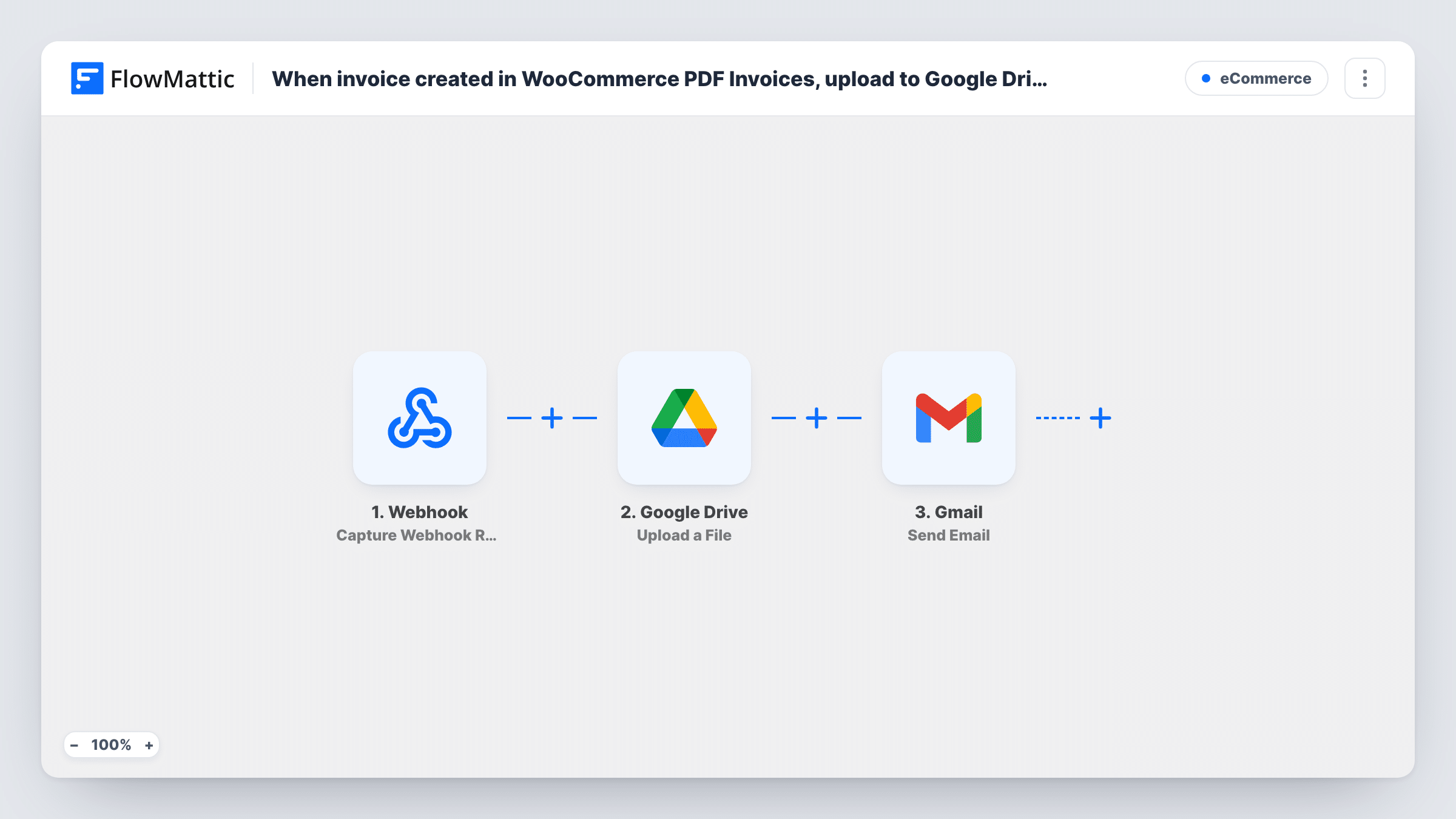 The When invoice created in WooCommerce PDF Invoices, upload to Google Drive client folder and send link via Gmail. workflow on the FlowMattic canvas, with 3 steps across WooCommerce PDF Invoices & Packing Slips, Google Drive, Gmail