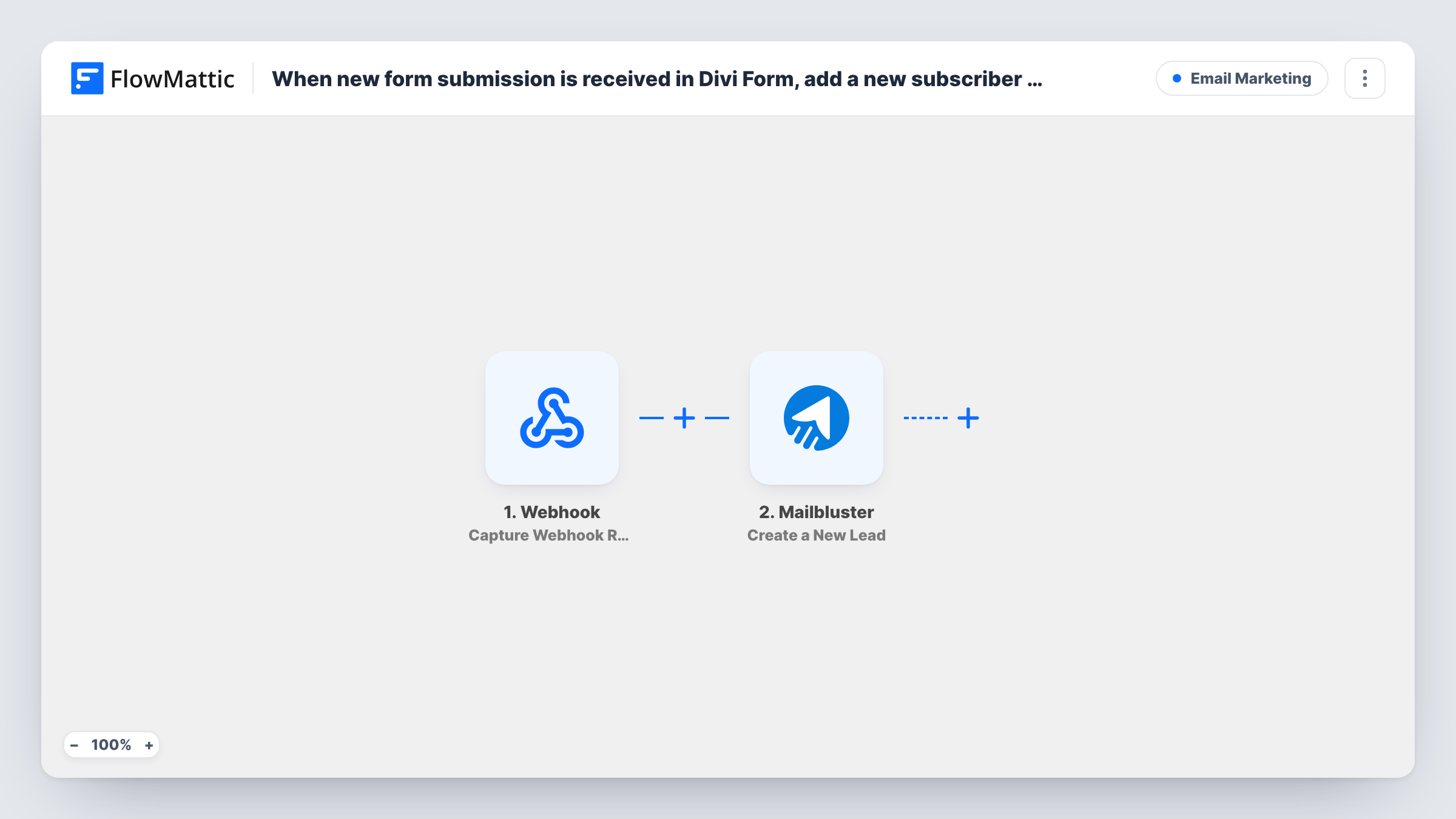 The When new form submission is received in Divi Form, add a new subscriber in Mailbluster workflow on the FlowMattic canvas, with 2 steps across Divi Forms, Mailbluster