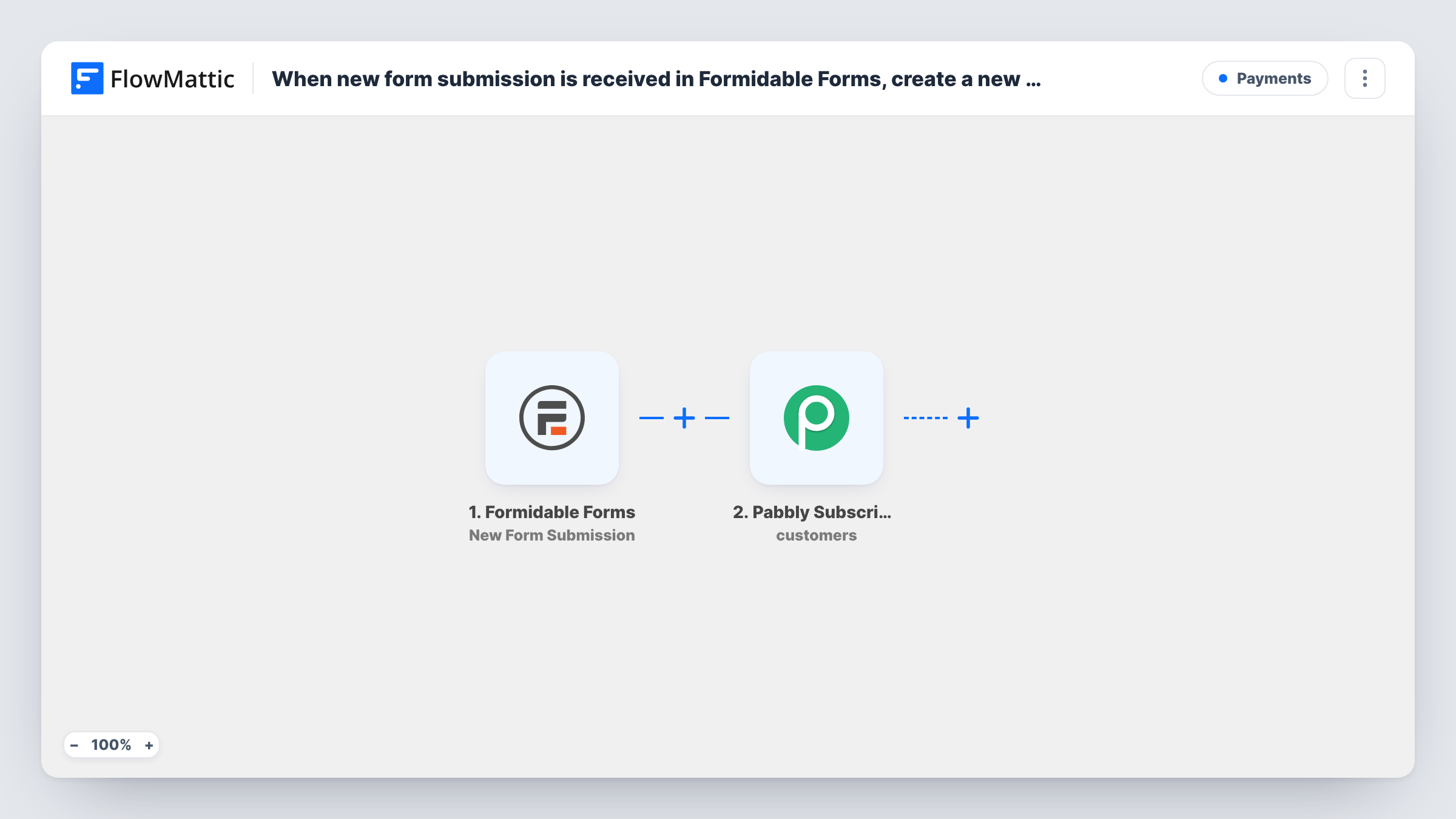 The When new form submission is received in Formidable Forms, create a new customer account in Pabbly Subscriptions workflow on the FlowMattic canvas, with 2 steps across Formidable Forms, Pabbly Subscriptions