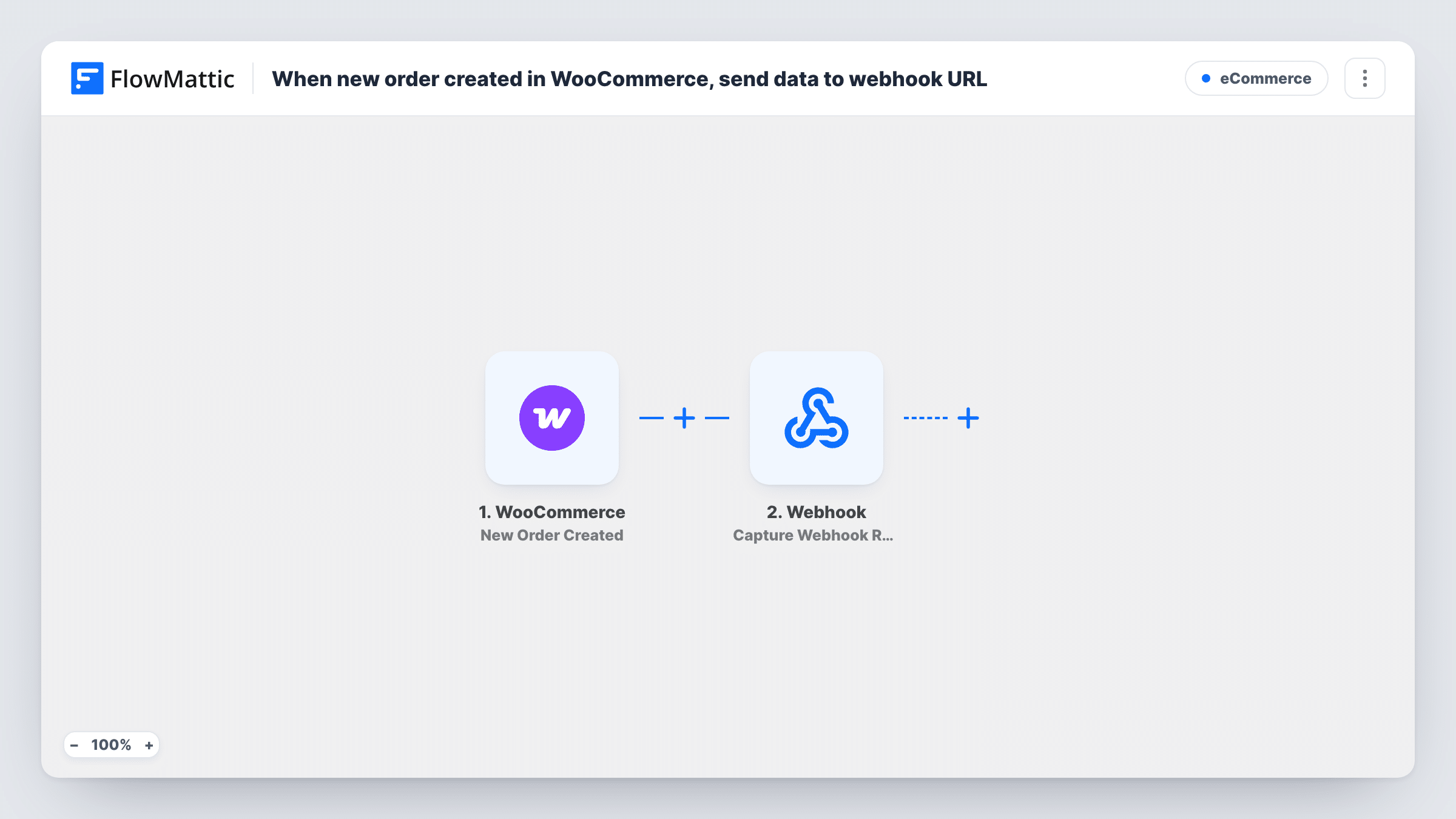 The When new order created in WooCommerce, send data to webhook URL workflow on the FlowMattic canvas, with 2 steps across WooCommerce, Webhook Outgoing