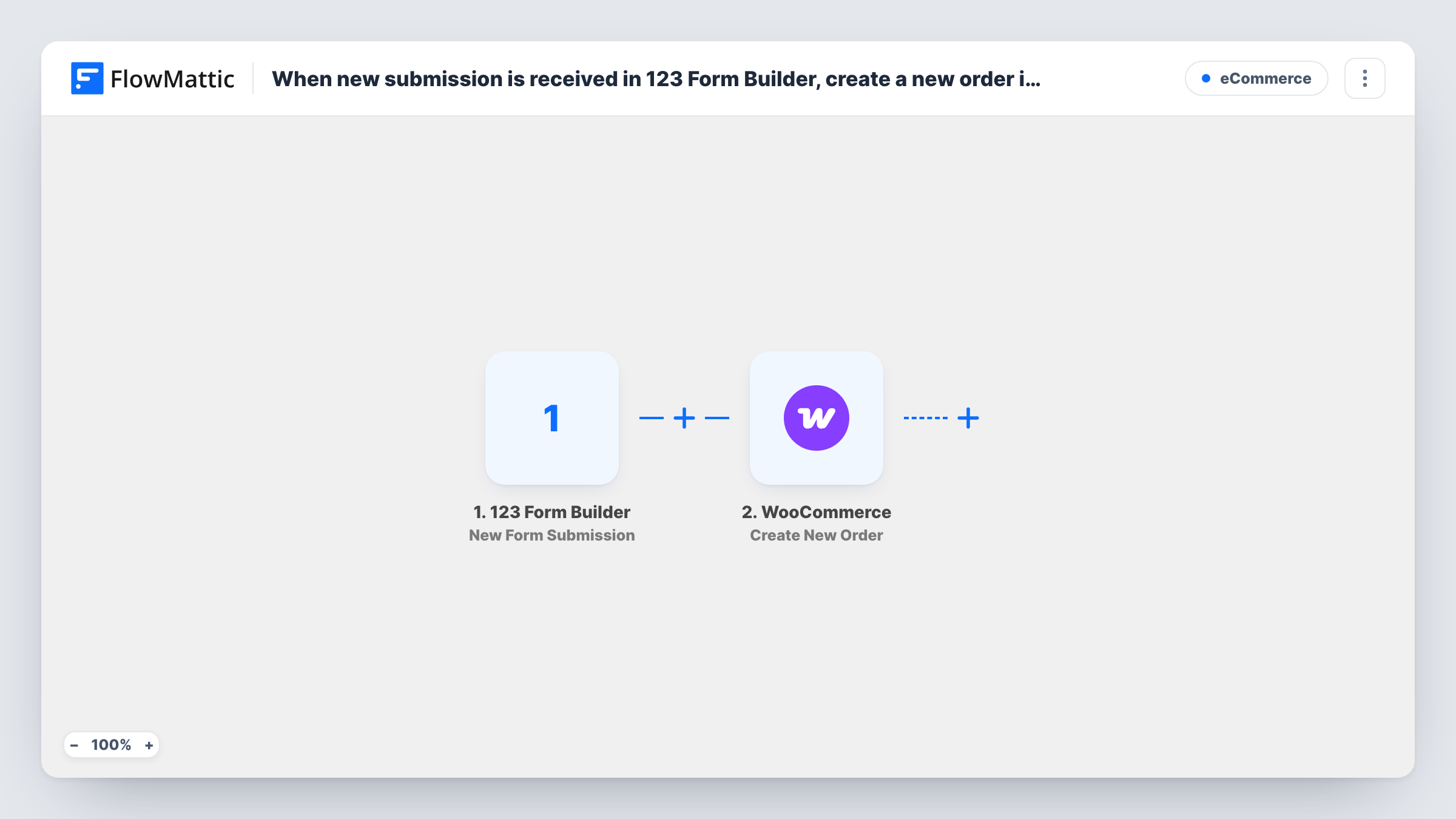 The When new submission is received in 123 Form Builder, create a new order in WooCommerce workflow on the FlowMattic canvas, with 2 steps across 123 Form Builder, WooCommerce