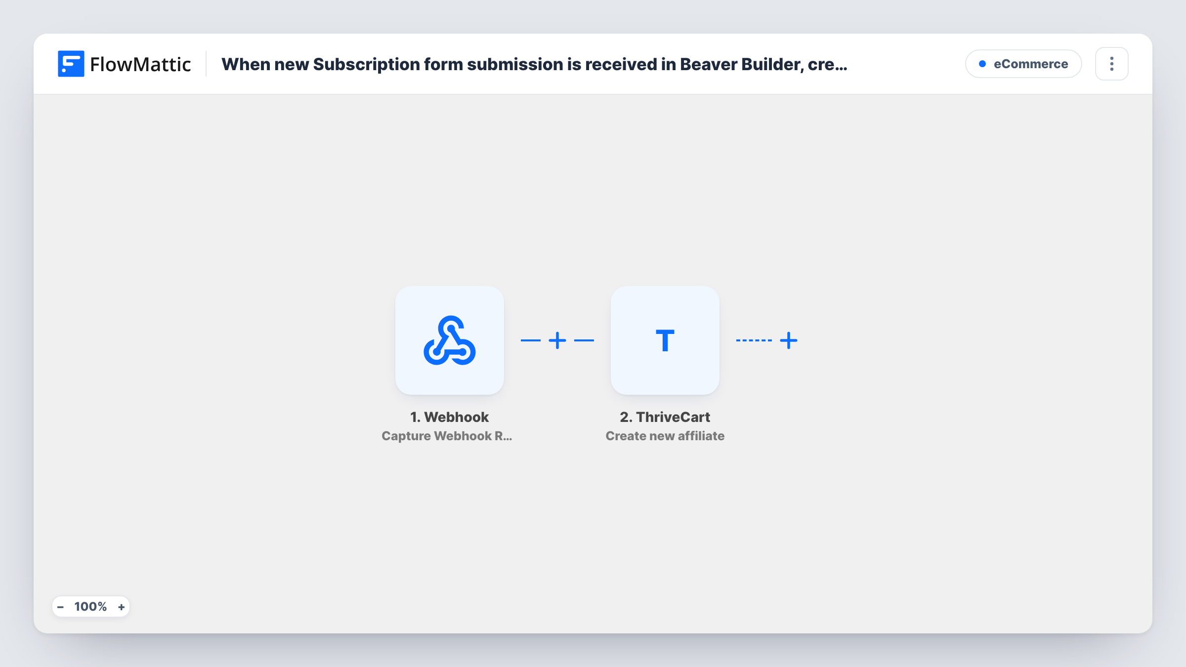 The When new Subscription form submission is received in Beaver Builder, create new affiliate in ThriveCart workflow on the FlowMattic canvas, with 2 steps across Beaver Builder Forms, ThriveCart