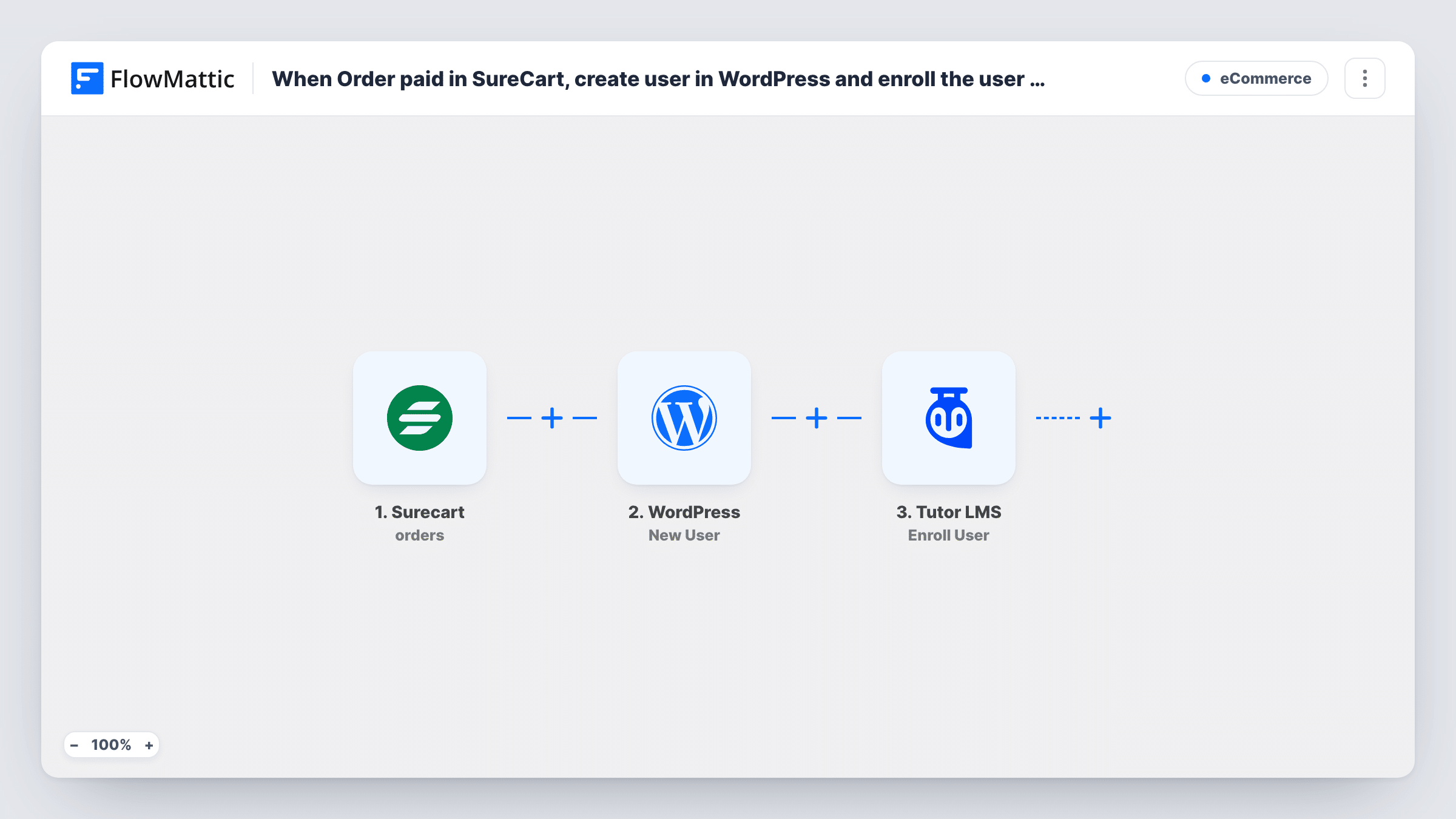 The When Order paid in SureCart, create user in WordPress and enroll the user in a course in Tutor LMS workflow on the FlowMattic canvas, with 3 steps across Surecart, WordPress, Tutor LMS