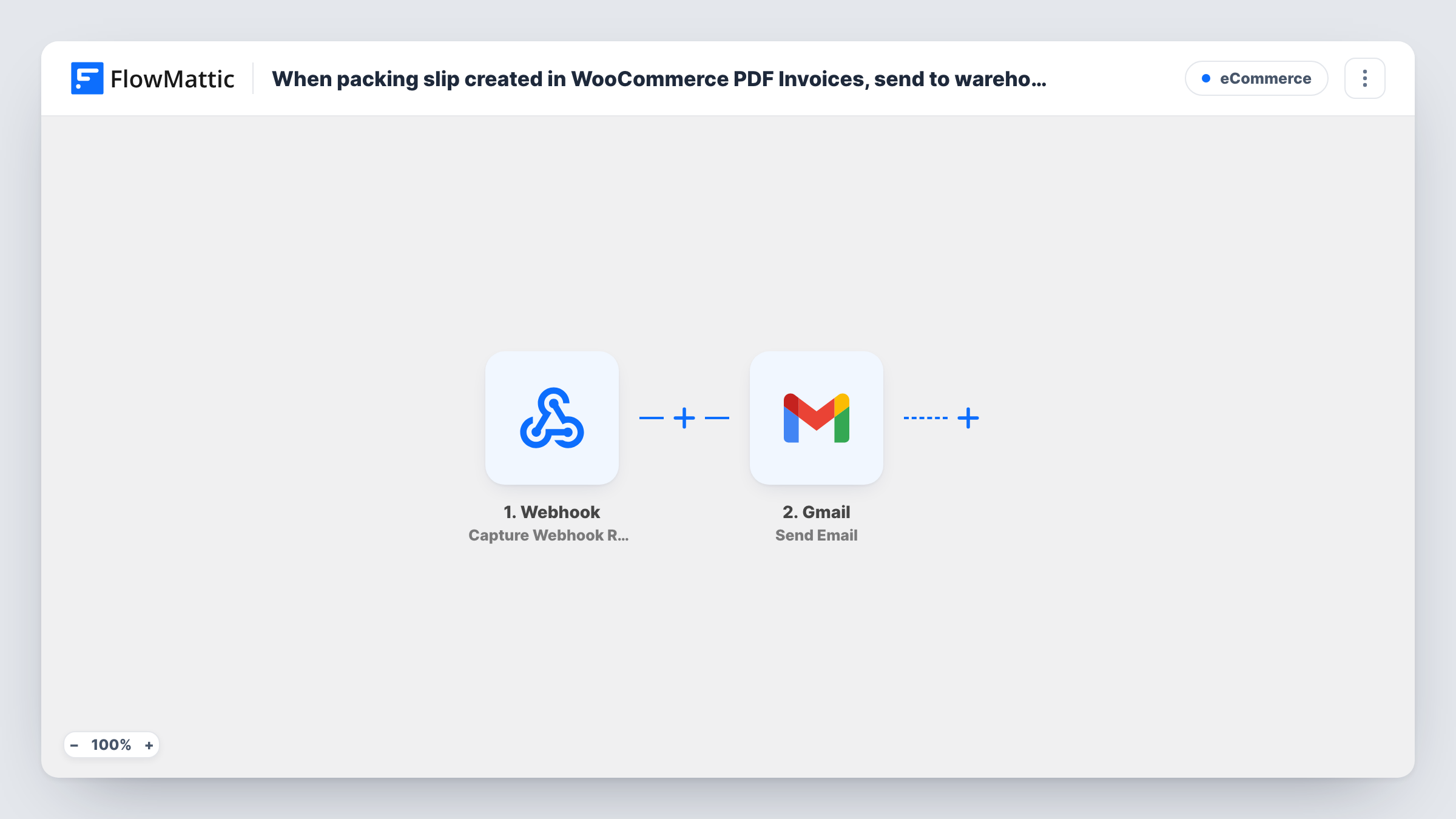 The When packing slip created in WooCommerce PDF Invoices, email it to the warehouse printer workflow on the FlowMattic canvas, with 3 steps across WooCommerce PDF Invoices & Packing Slips, Email