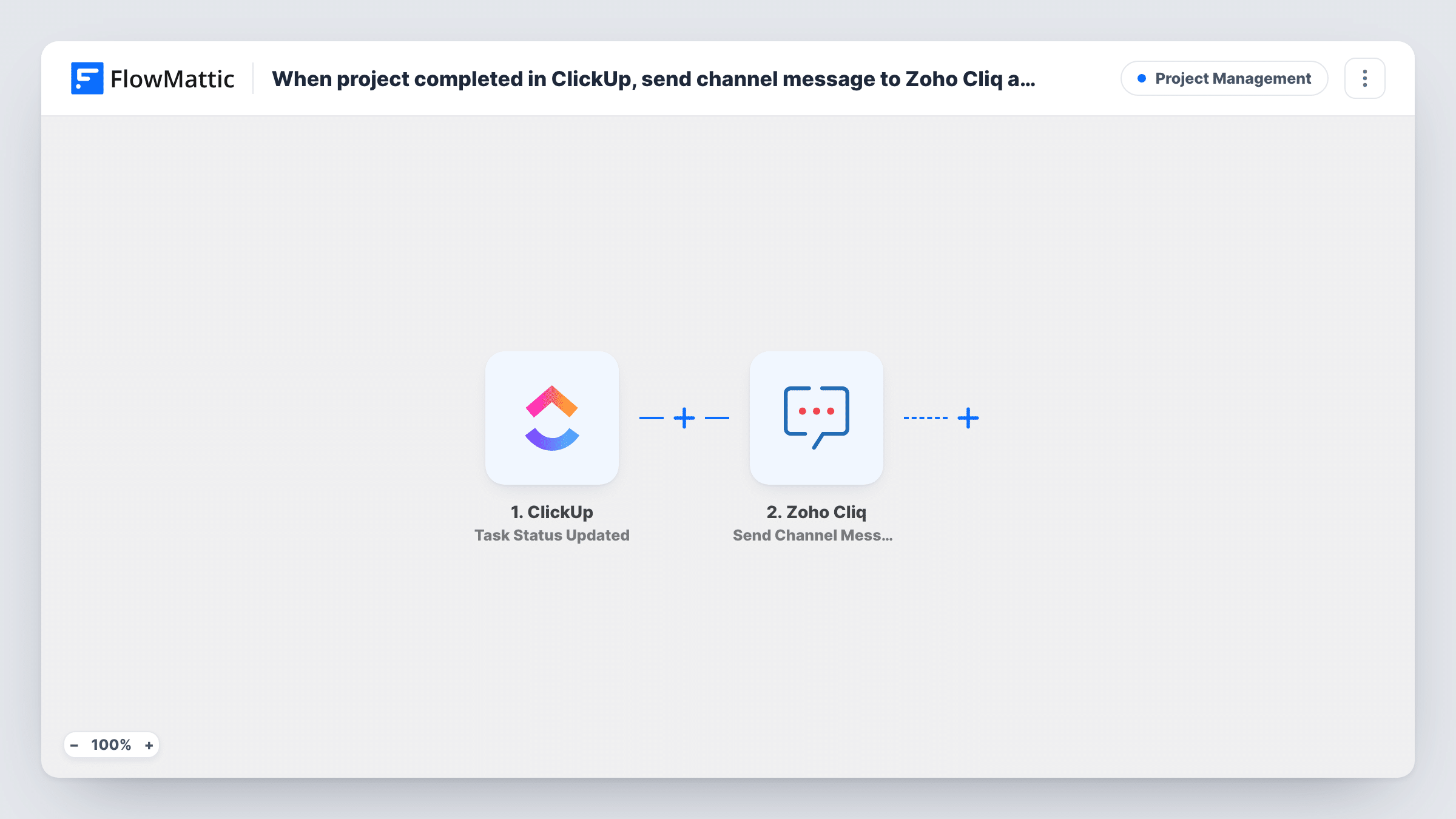 The When a ClickUp task status is updated, send a channel message to Zoho Cliq workflow on the FlowMattic canvas, with 2 steps across ClickUp, Zoho Cliq