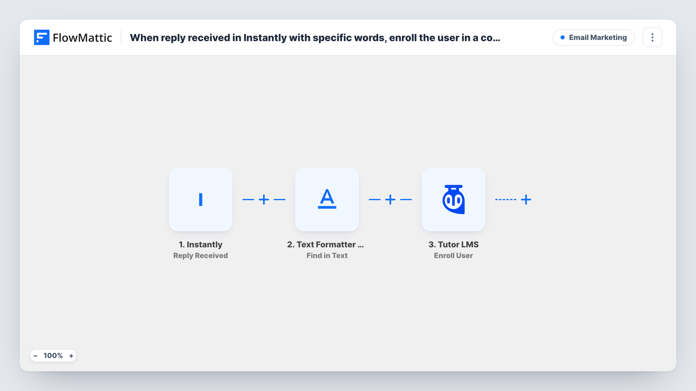 The When reply received in Instantly with specific words, enroll the user in a course in Tutor LMS workflow on the FlowMattic canvas, with 4 steps across Instantly, Filter, WordPress, Tutor LMS