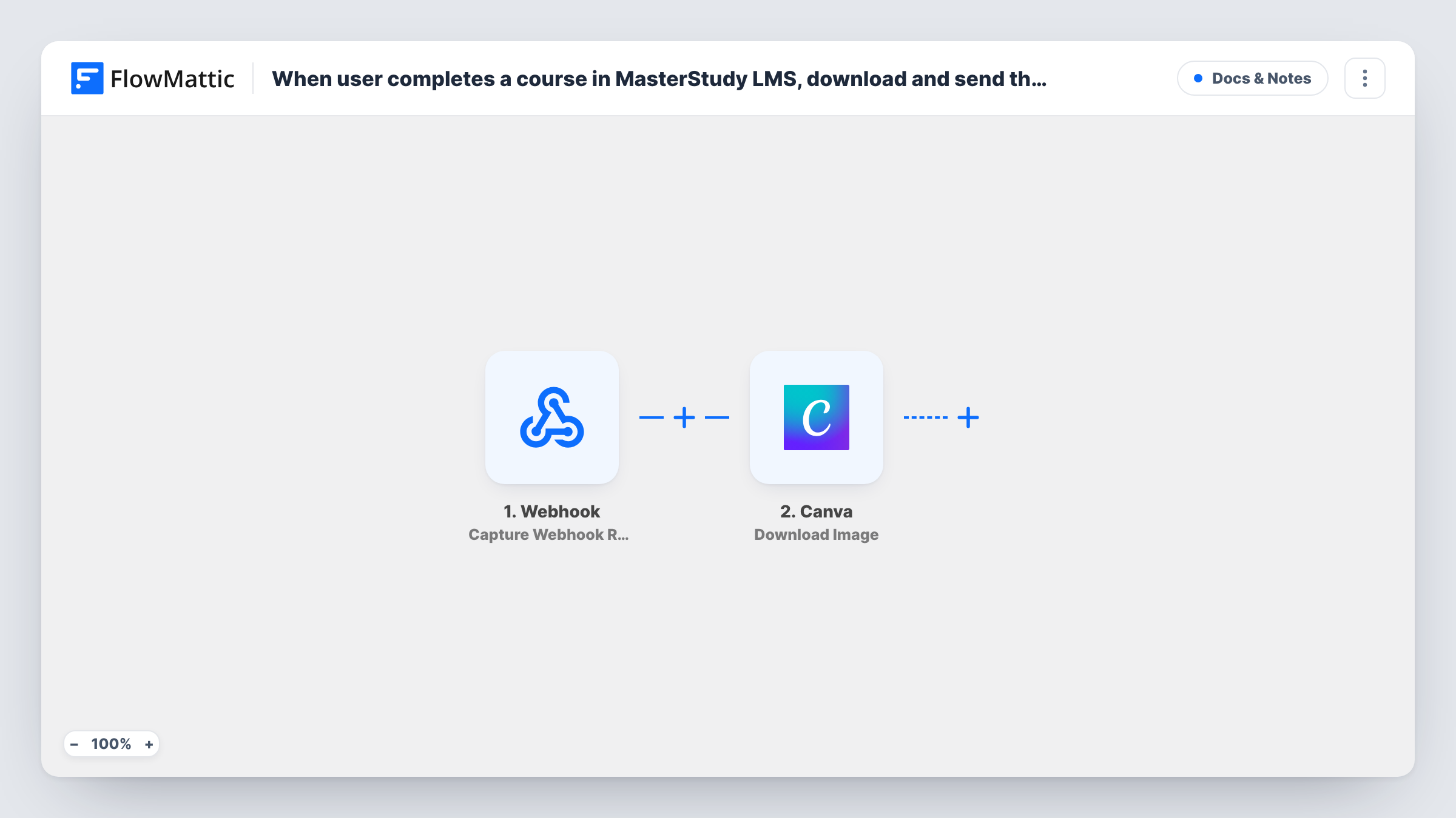 The When user completes a course in MasterStudy LMS, download and send the certificate from Canva designs workflow on the FlowMattic canvas, with 3 steps across Master Study, Canva, Email