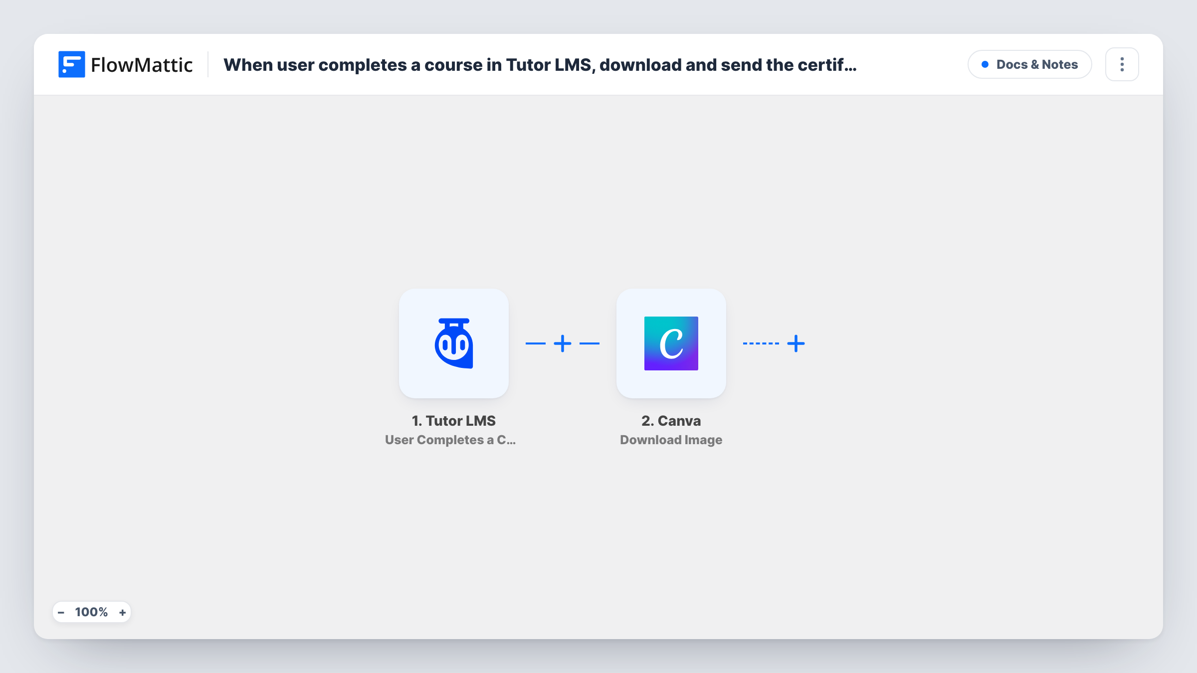 The When user completes a course in Tutor LMS, download and send the certificate from Canva designs workflow on the FlowMattic canvas, with 3 steps across Tutor LMS, Canva, Email