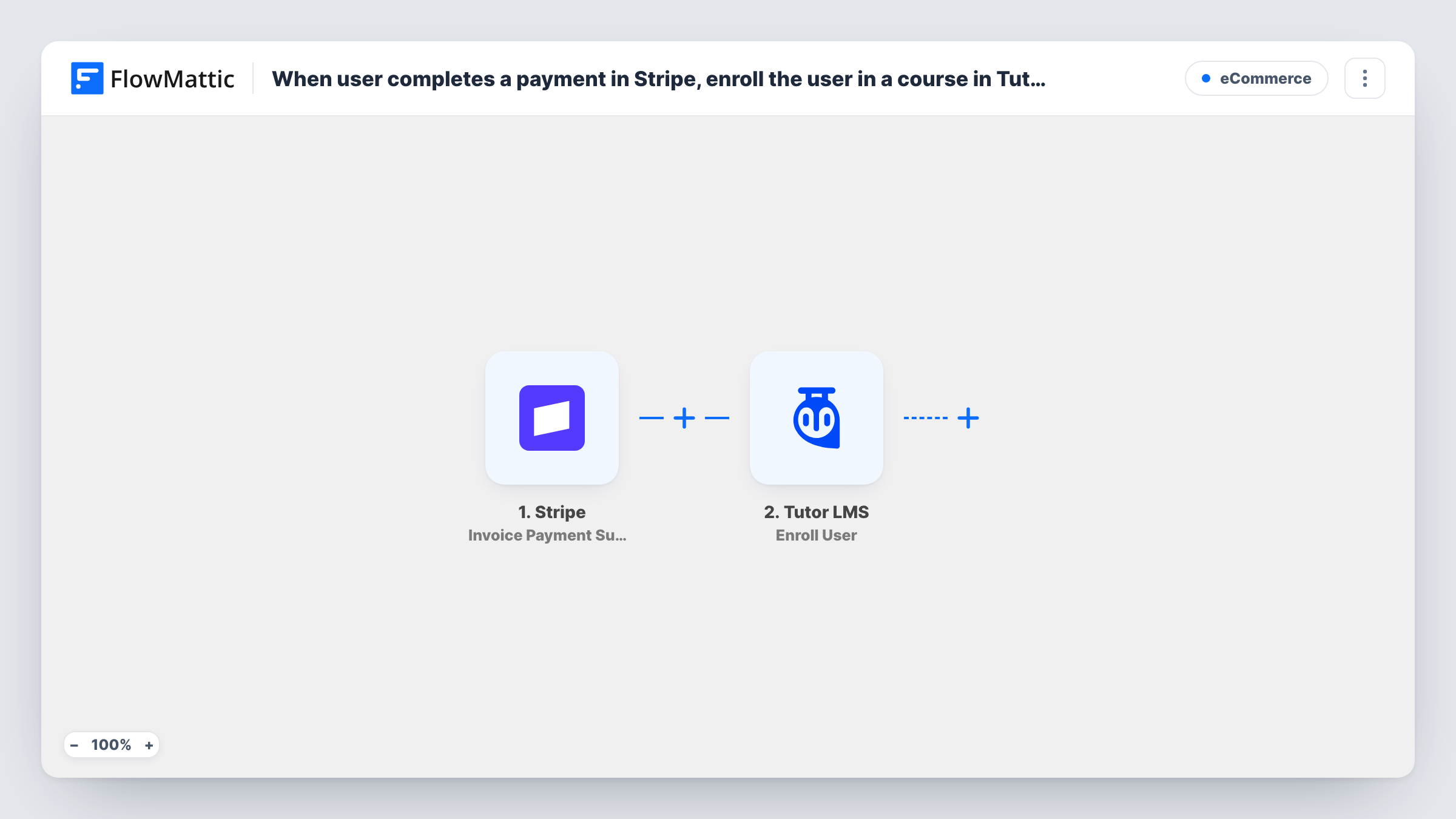 The When user completes a payment in Stripe, enroll the user in a course in Tutor LMS workflow on the FlowMattic canvas, with 3 steps across Stripe, WordPress, Tutor LMS