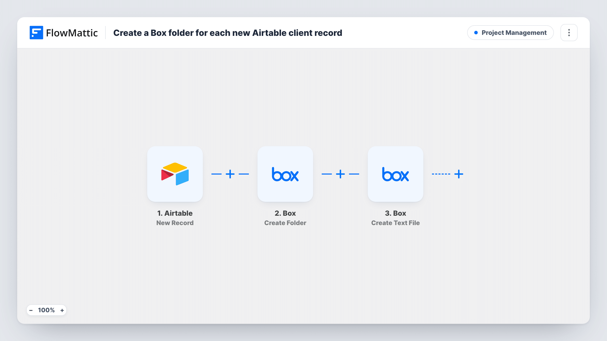 The Create a Box folder for each new Airtable client record workflow on the FlowMattic canvas, with 3 steps across Airtable, Box