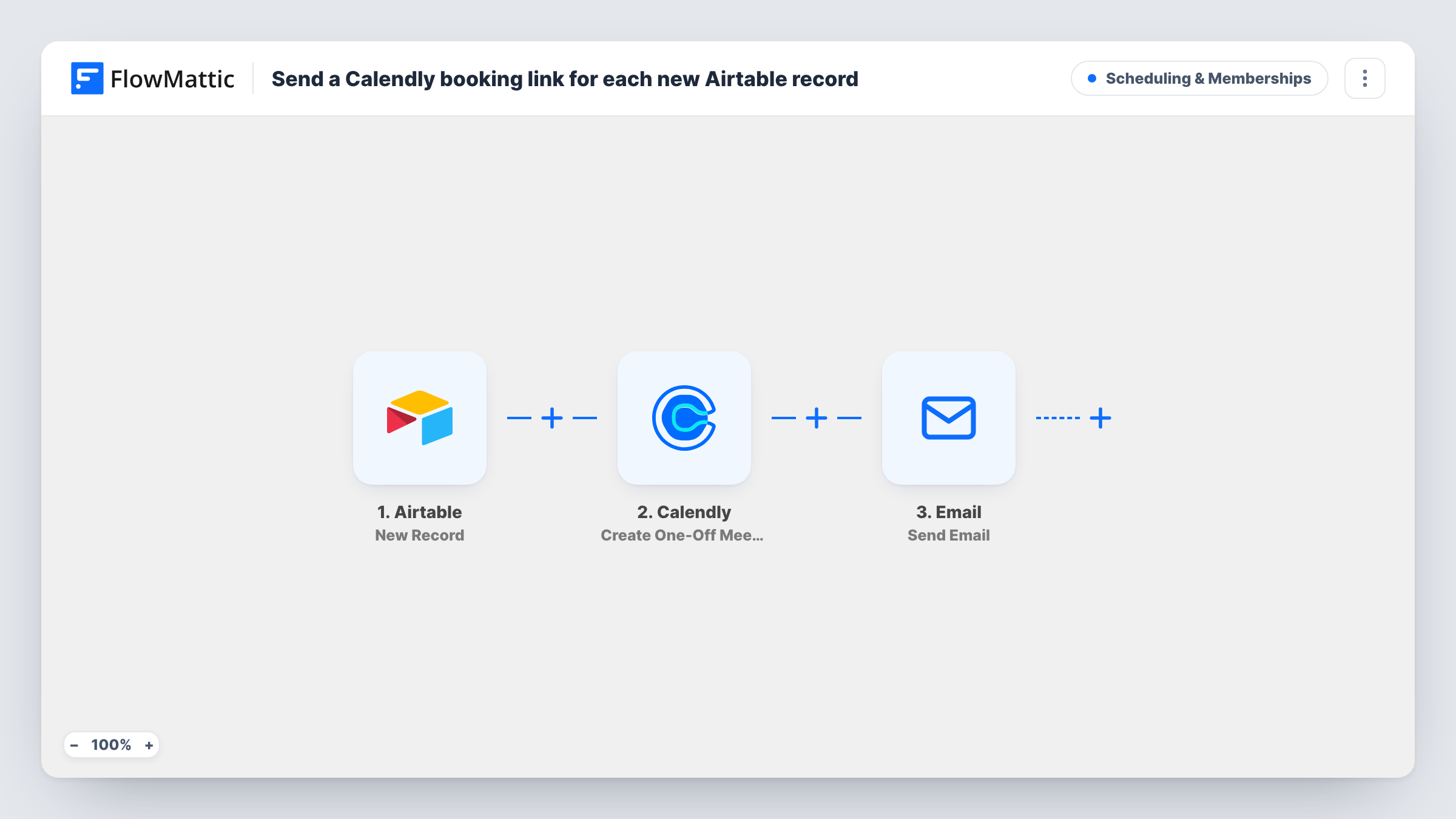 The Send a Calendly booking link for each new Airtable record workflow on the FlowMattic canvas, with 3 steps across Airtable, Calendly, Email