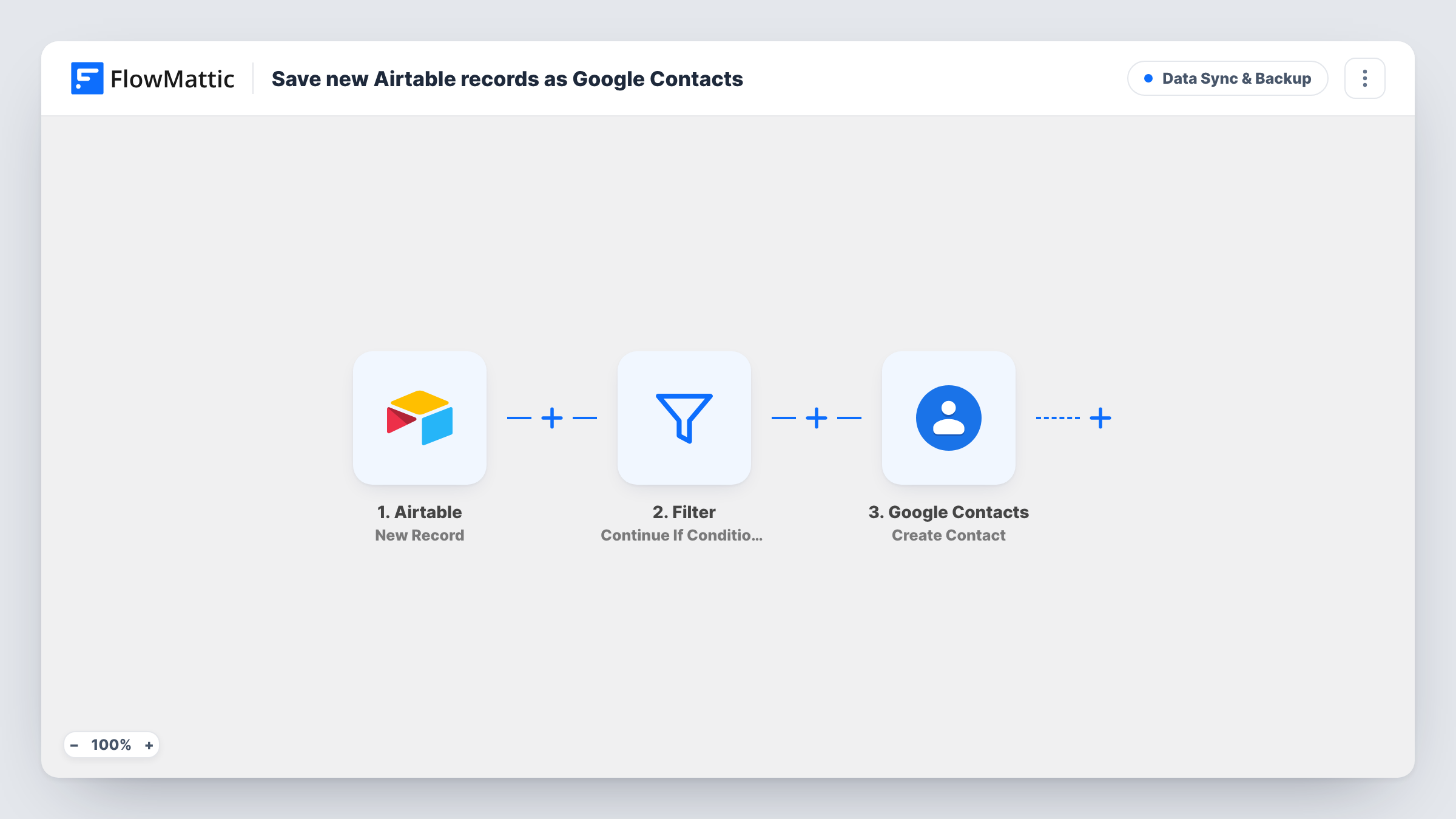 The Save new Airtable records as Google Contacts workflow on the FlowMattic canvas, with 3 steps across Airtable, Filter, Google Contacts
