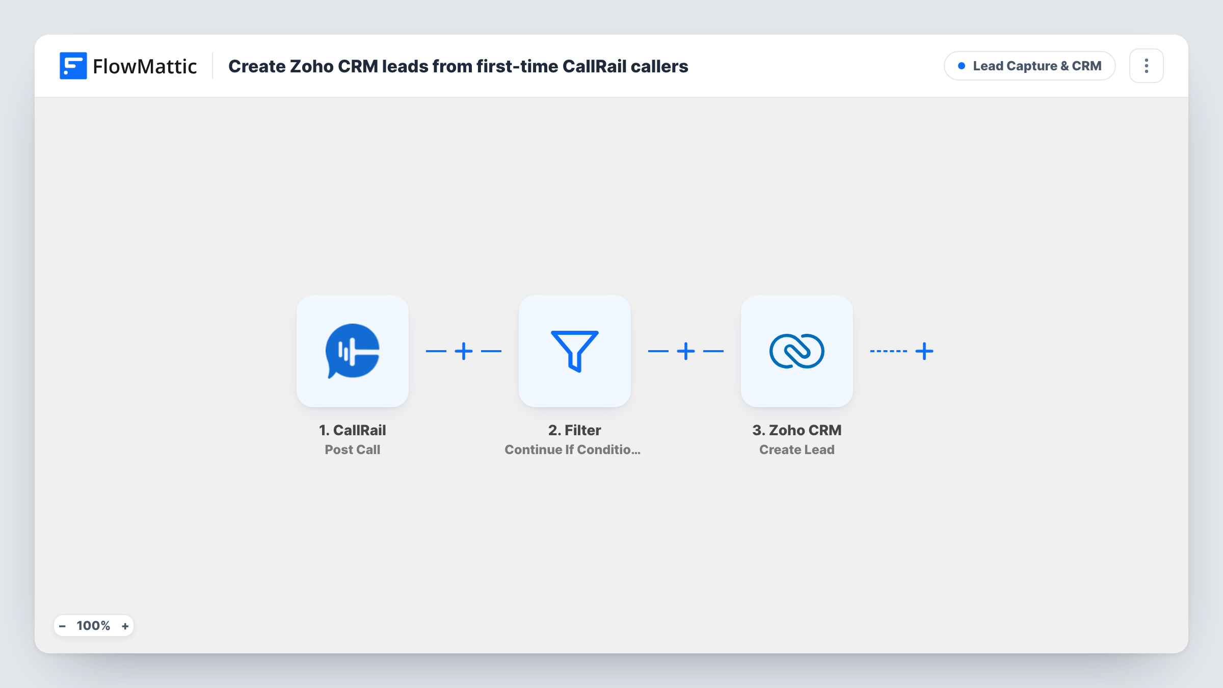 The Create Zoho CRM leads from first-time CallRail callers workflow on the FlowMattic canvas, with 3 steps across CallRail, Filter, Zoho CRM