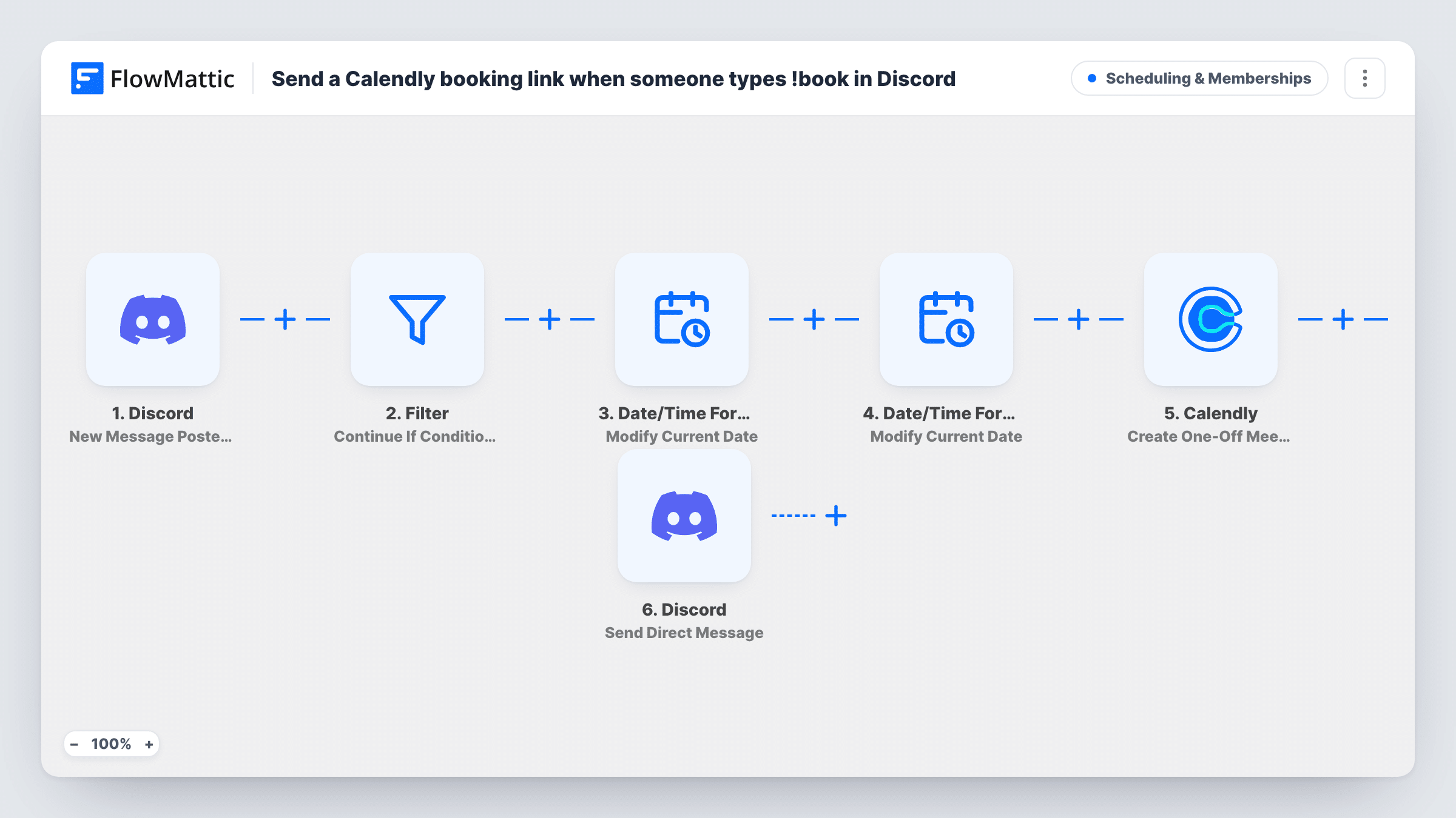 The Send a Calendly booking link when someone types !book in Discord workflow on the FlowMattic canvas, with 6 steps across Discord, Filter, Date/Time Formatter, Calendly