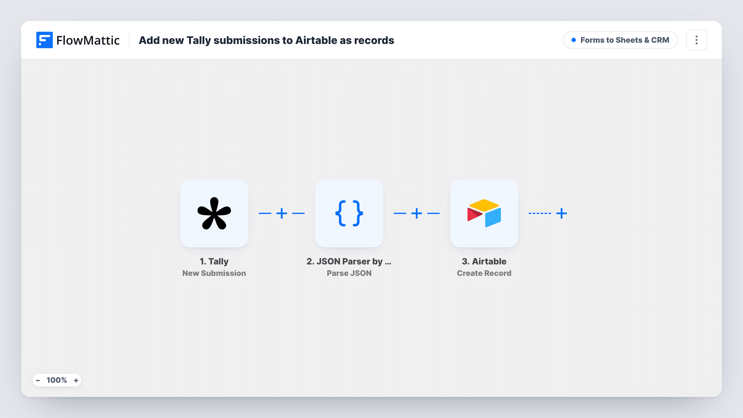 The Add new Tally submissions to Airtable as records workflow on the FlowMattic canvas, with 3 steps across Tally, JSON Parser by FlowMattic, Airtable