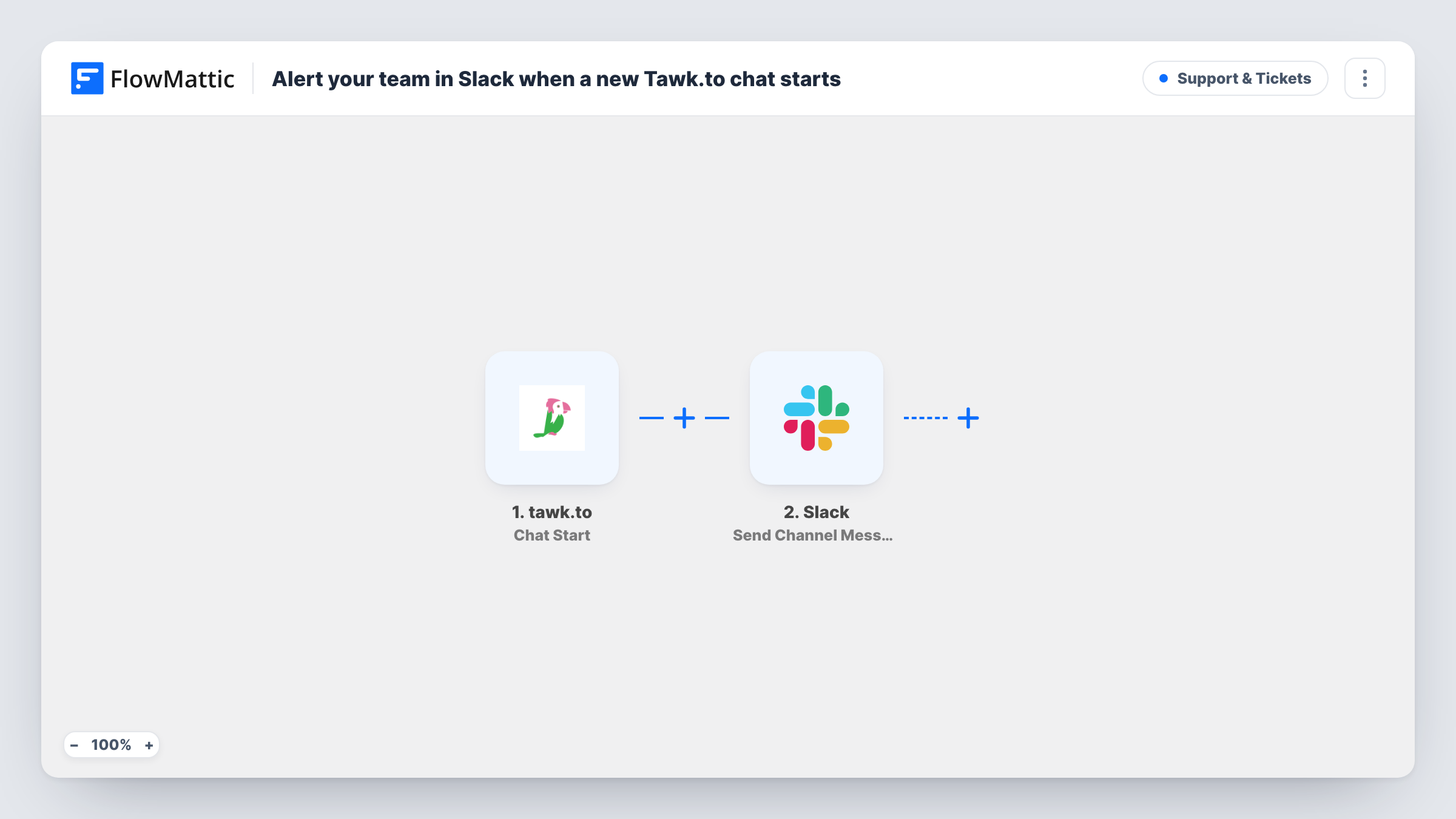 The Alert your team in Slack when a new Tawk.to chat starts workflow on the FlowMattic canvas, with 2 steps across tawk.to, Slack