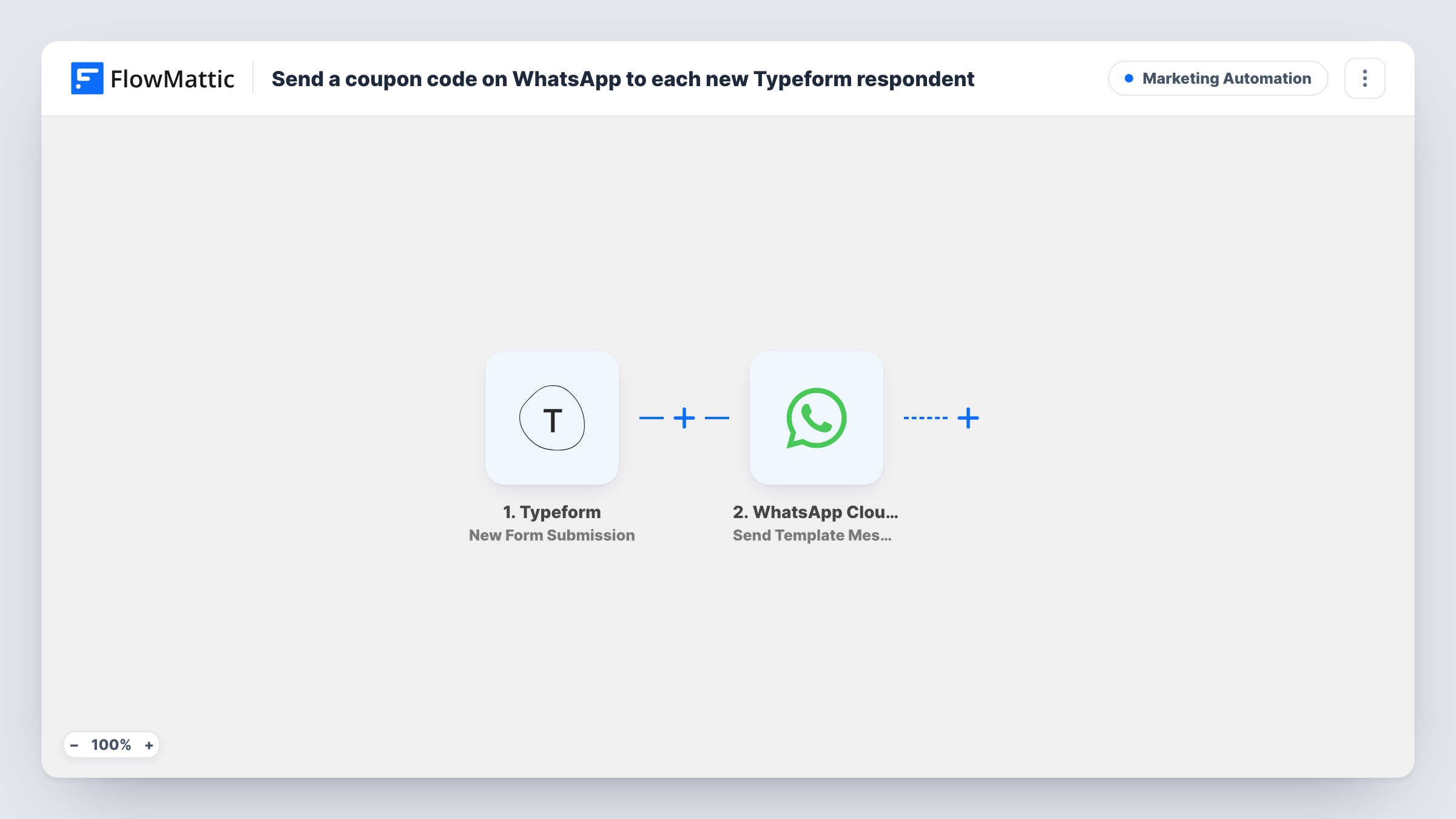 The Send a coupon code on WhatsApp to each new Typeform respondent workflow on the FlowMattic canvas, with 2 steps across Typeform, WhatsApp Cloud API