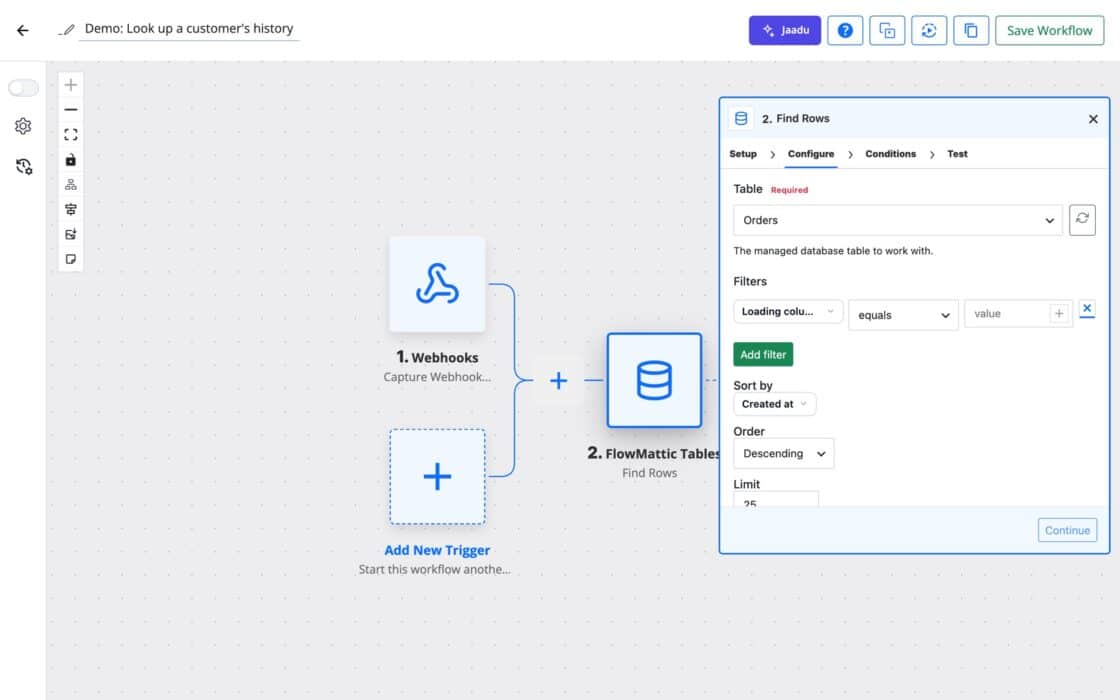 FlowMattic workflow builder showing the FlowMattic Tables Find Rows action with Filters, Sort by and Limit fields.