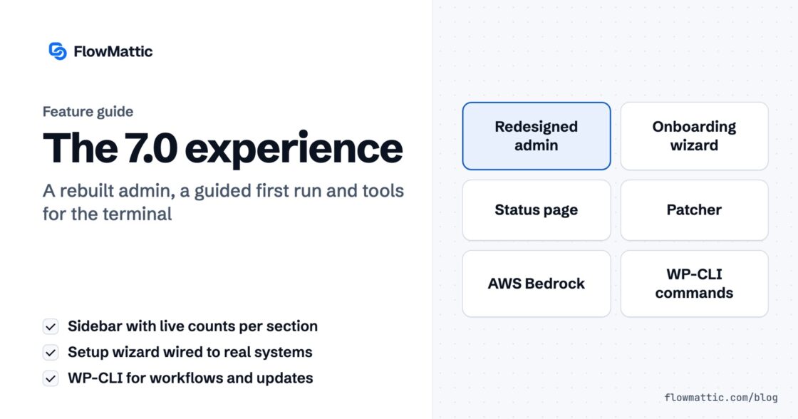 Featured image for The 7.0 experience, with chips for the redesigned admin, onboarding wizard, status page, Patcher, AWS Bedrock and WP-CLI commands.