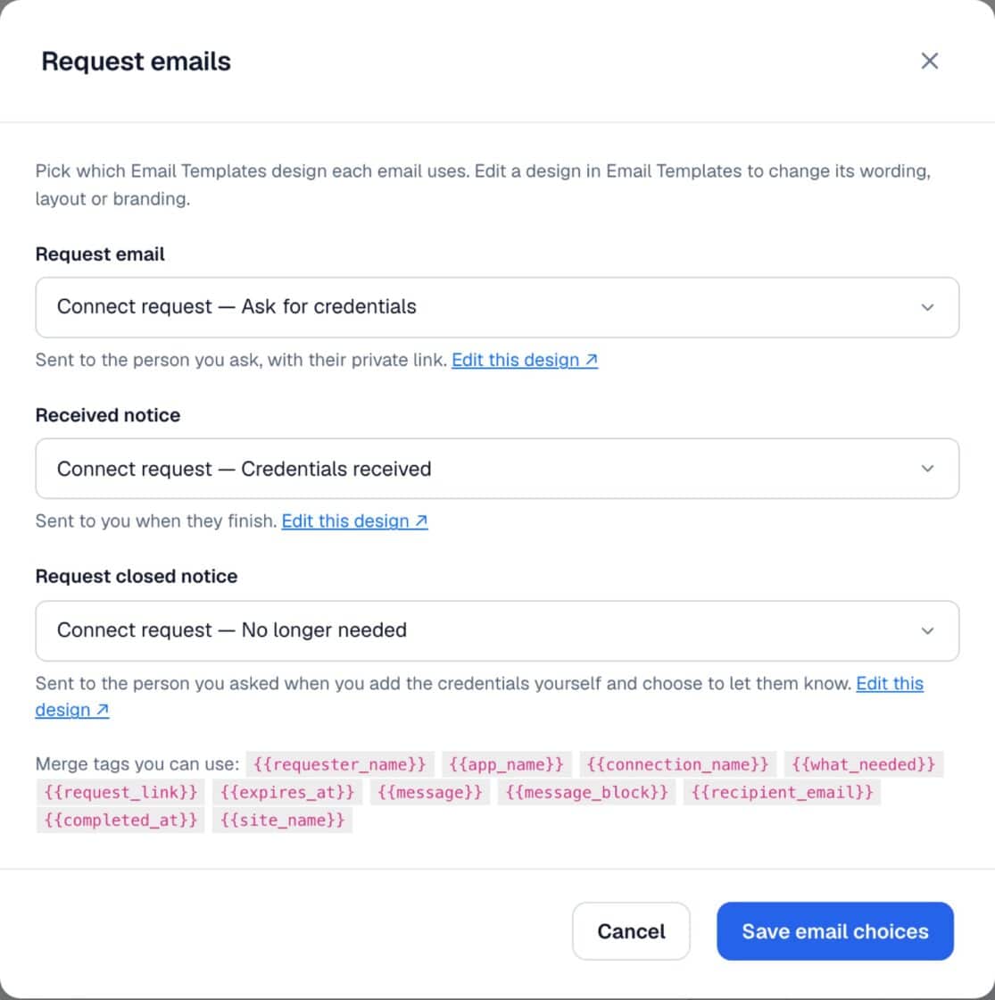FlowMattic Request emails dialog with dropdowns for the Request email, Received notice and Request closed notice designs and a list of merge tags.